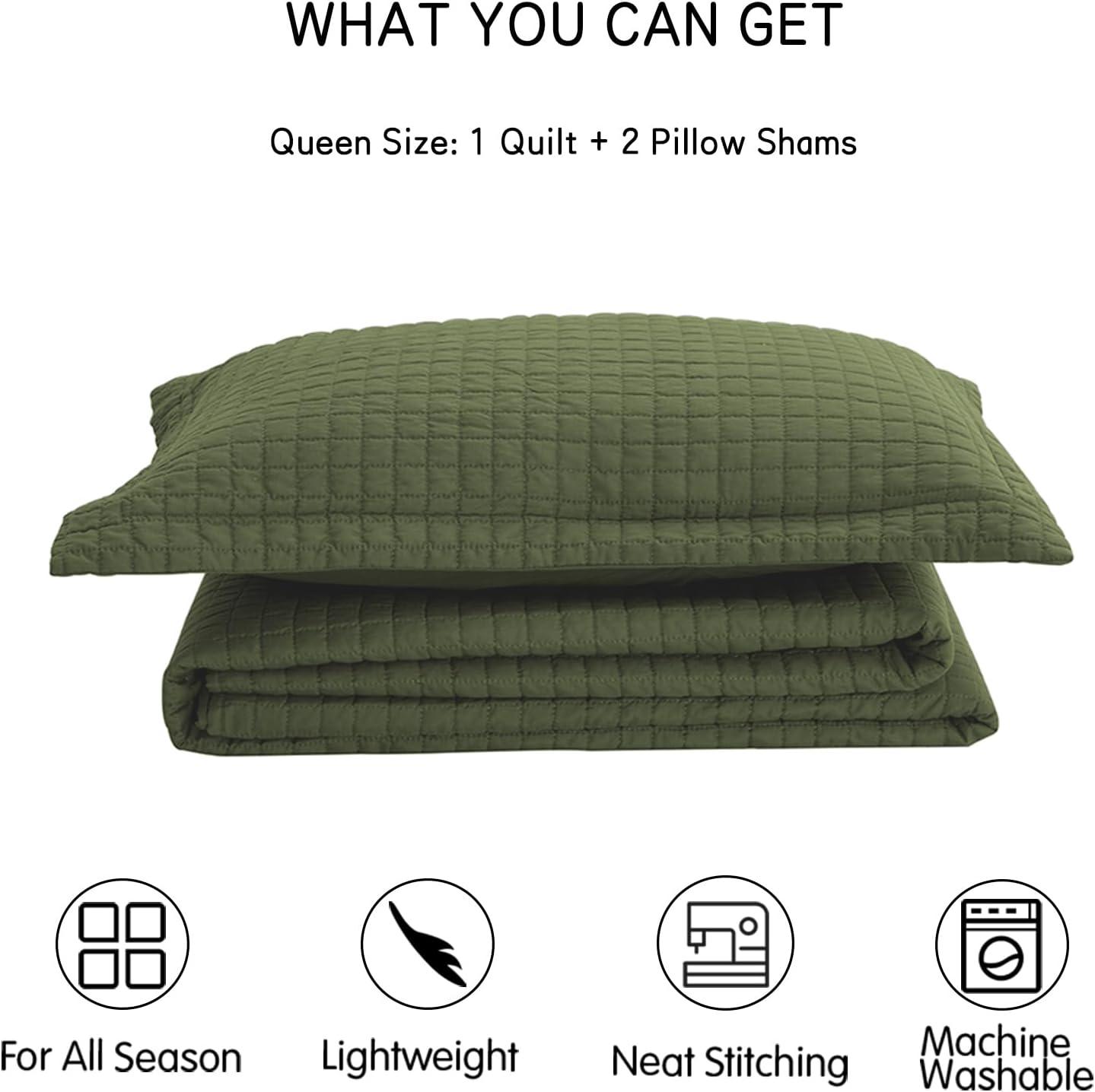 SunStyle Home Olive Green Quilt, Queen Size Quilt Set Lightweight Blanket Bedspread Full Soft Reversible Coverlet All Season 3pcs Army Green Square Quilted Bedding Sets with 2 Pillow Shams(90"x96")