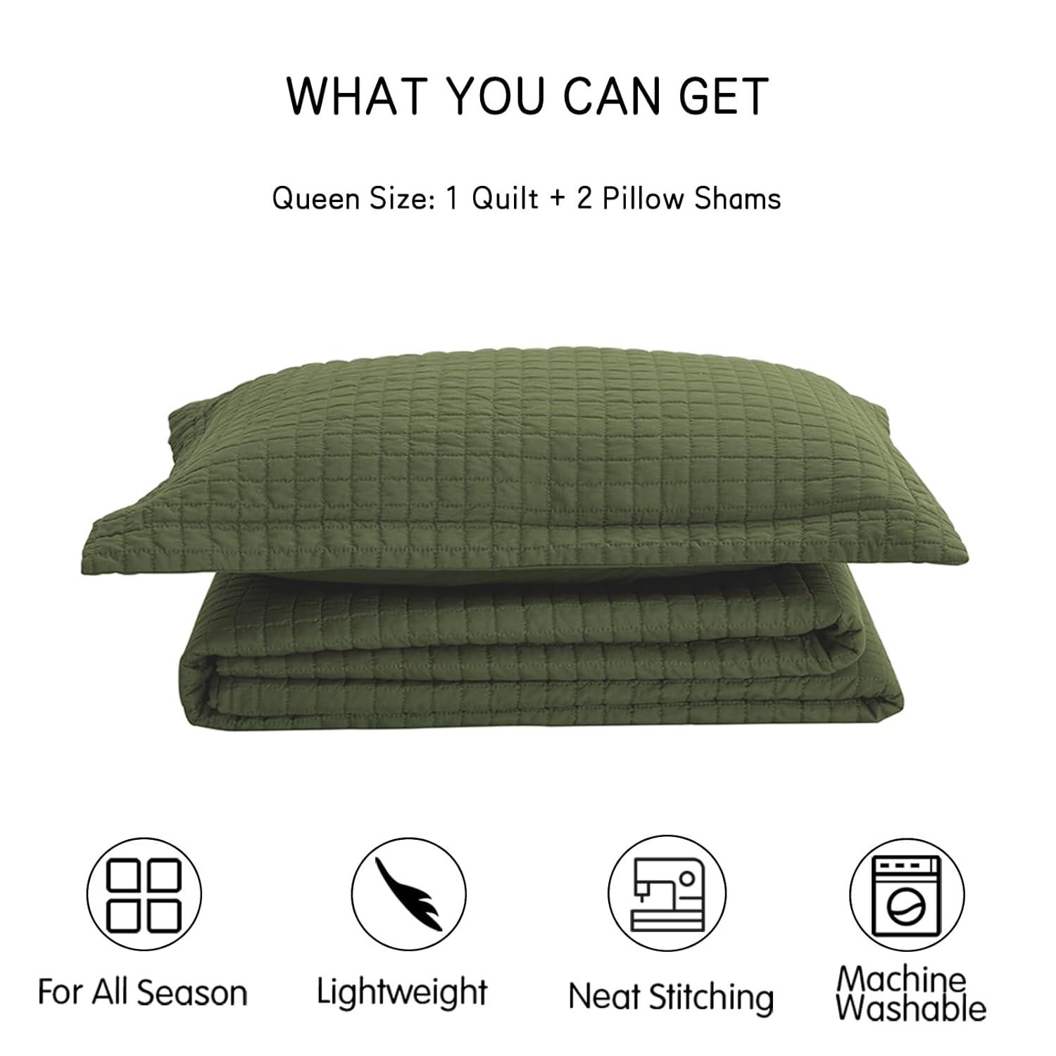 SunStyle Home Olive Green Quilt, Queen Size Quilt Set Lightweight Blanket Bedspread Full Soft Reversible Coverlet All Season 3pcs Army Green Square Quilted Bedding Sets with 2 Pillow Shams(90"x96")