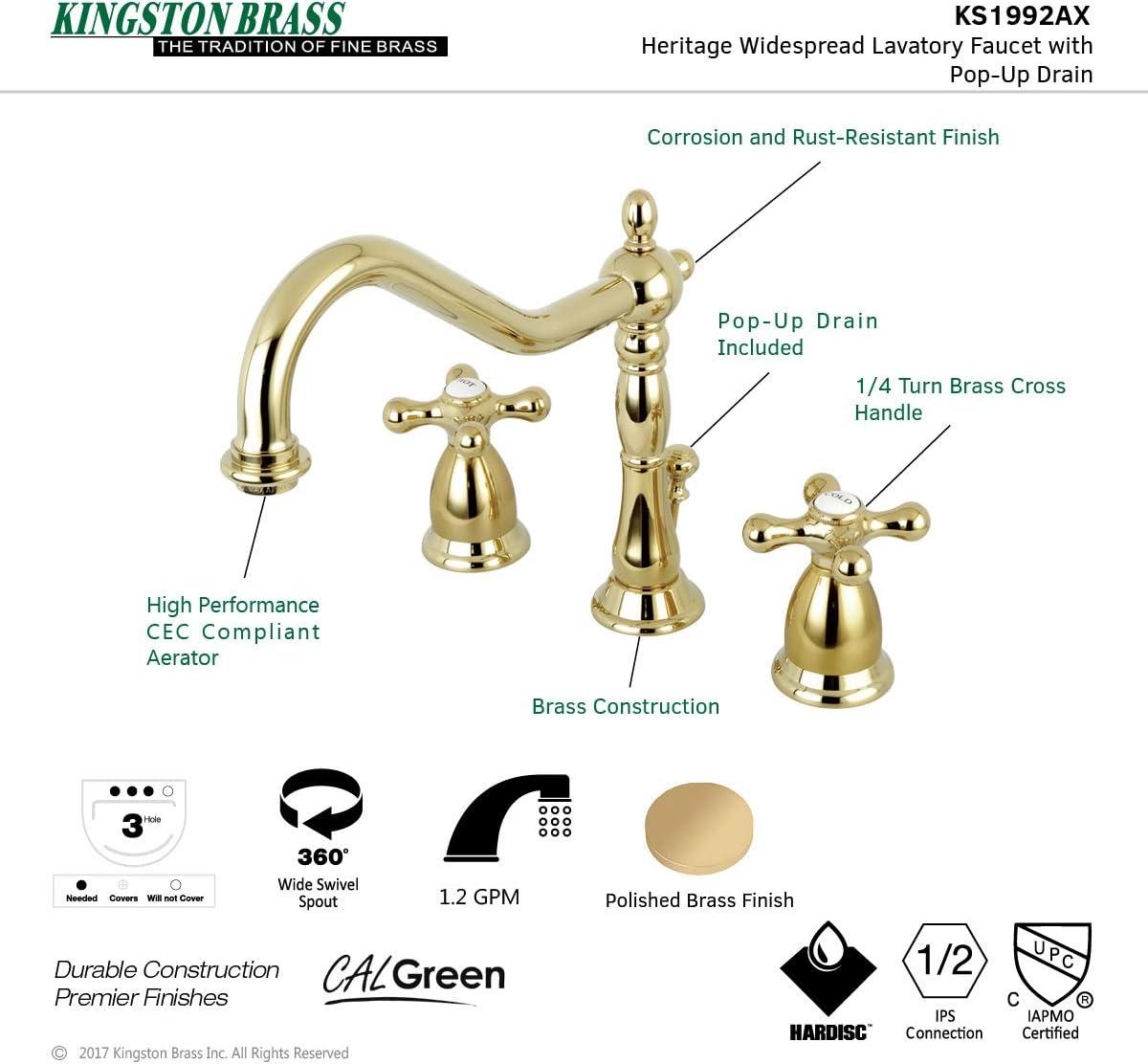 Kingston Brass KS1992AX 8 in. Widespread Bathroom Faucet, Polished Brass