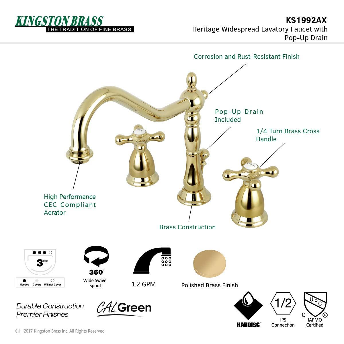 Kingston Brass KS1992AX 8 in. Widespread Standard Mount Bathroom Faucet, Polished Brass
