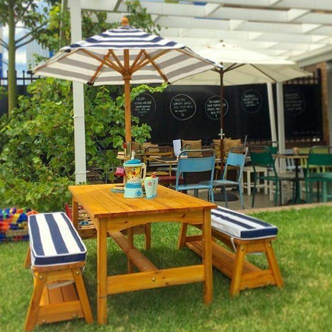 Outdoor Wooden Table & Benches with Cushions & Umbrella, Navy