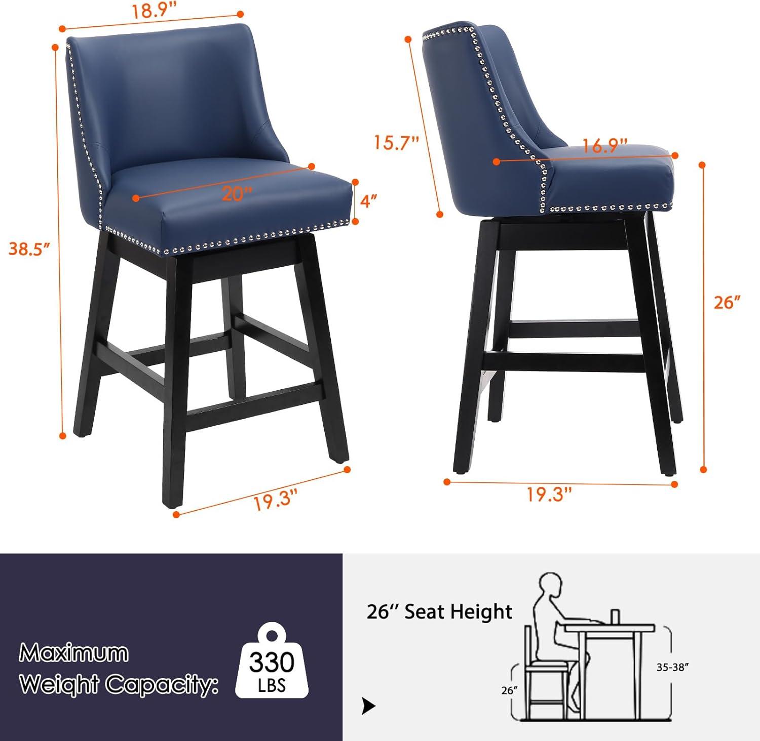 Swivel Bar Stools Set of 2 with Thicker Wood Legs,26" Counter Height Bar Stools,Faux Leather,Blue