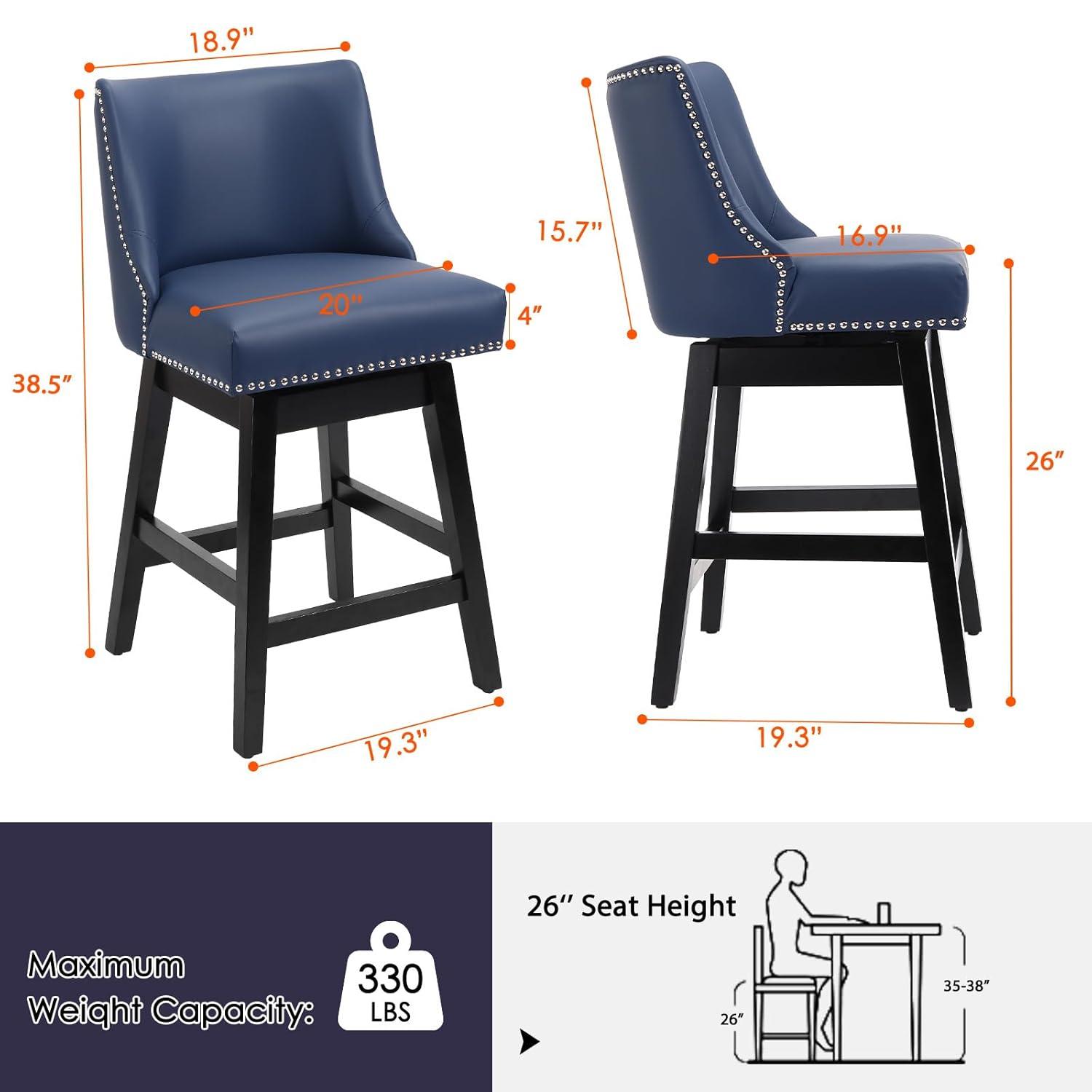 Swivel Bar Stools Set of 2 with Thicker Wood Legs,26" Counter Height Bar Stools,Faux Leather,Blue