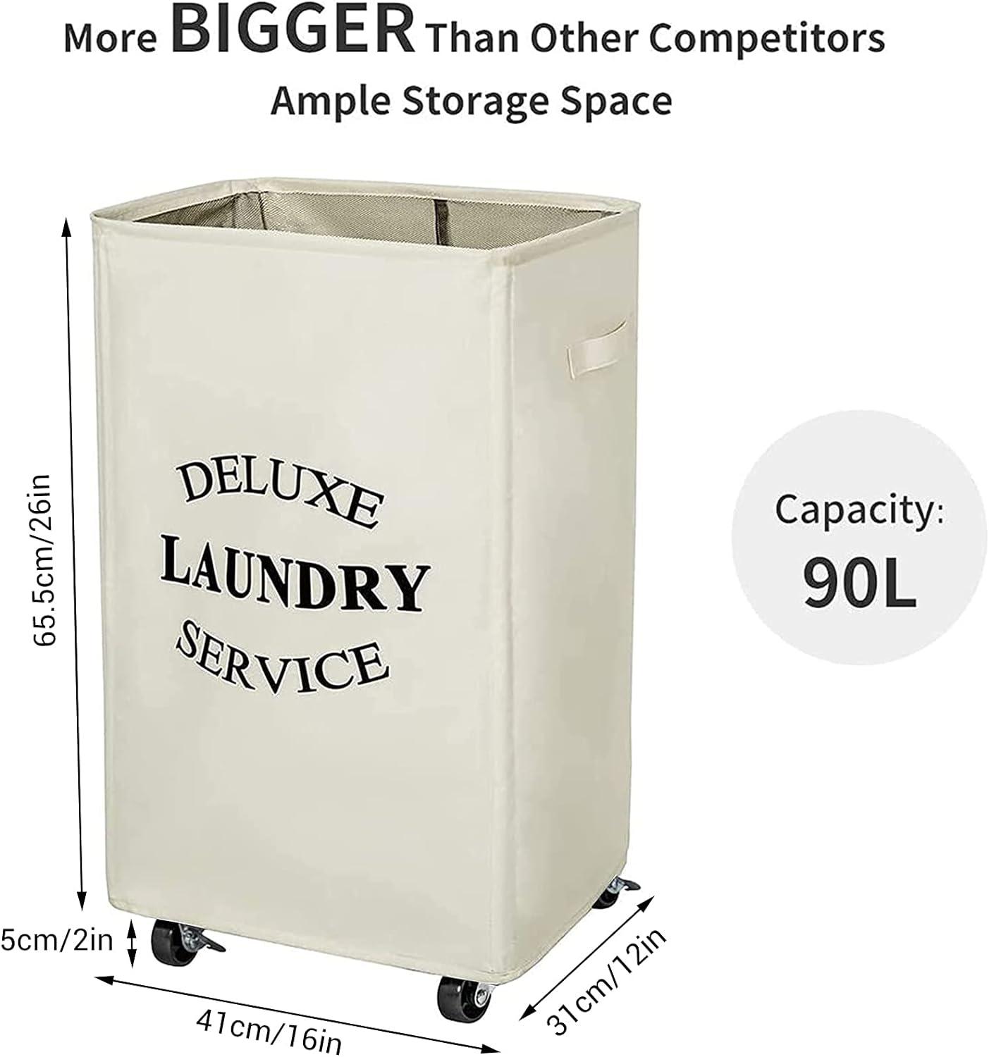 Beige Collapsible Laundry Hamper with Wheels and Handles