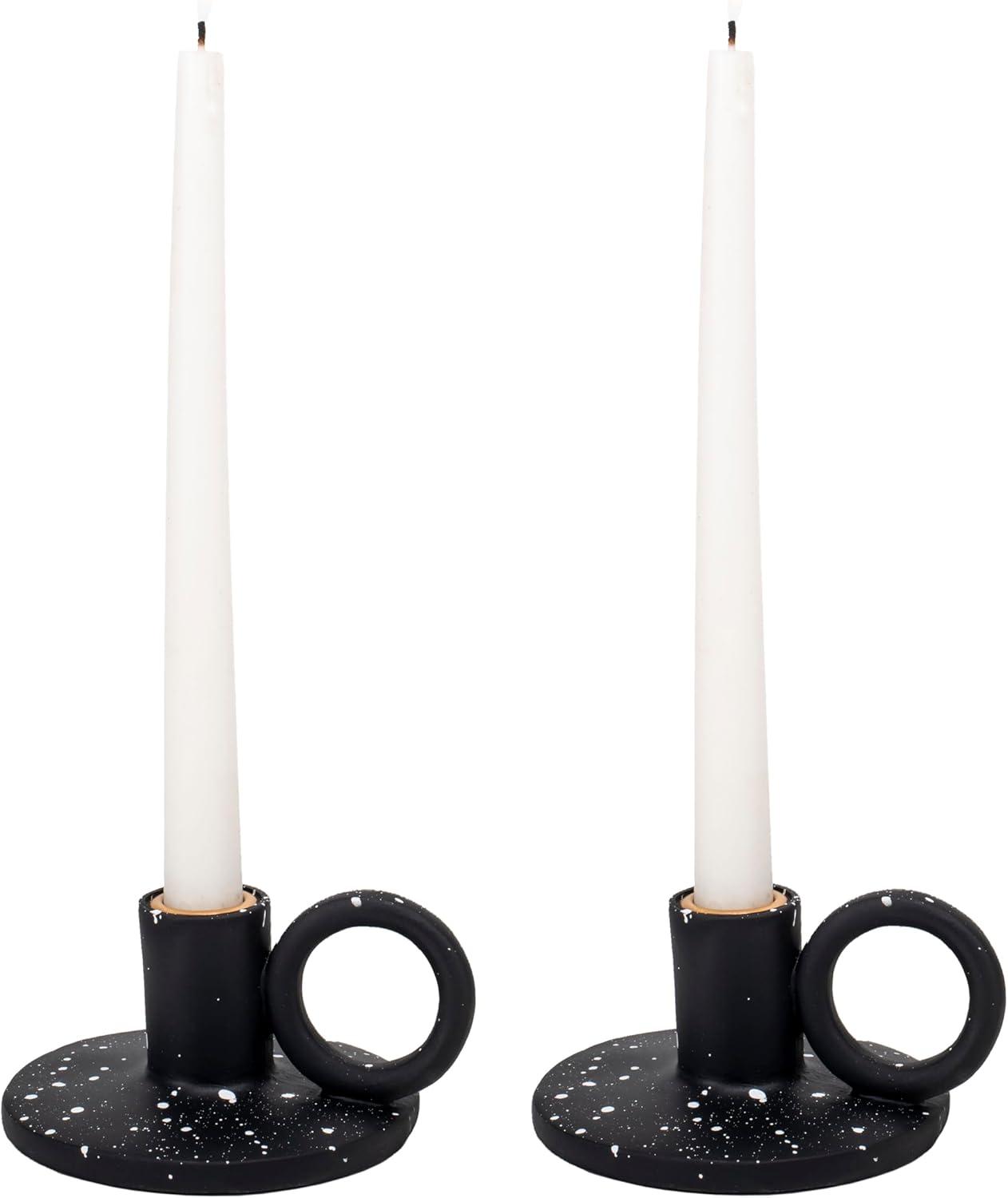 Elanze Designs Ribbed Ceramic , Mantle Decorations, Dining Table Centerpiece, Artisan, Candlestick Holder for Tapered Candles, Pack of 2, Black