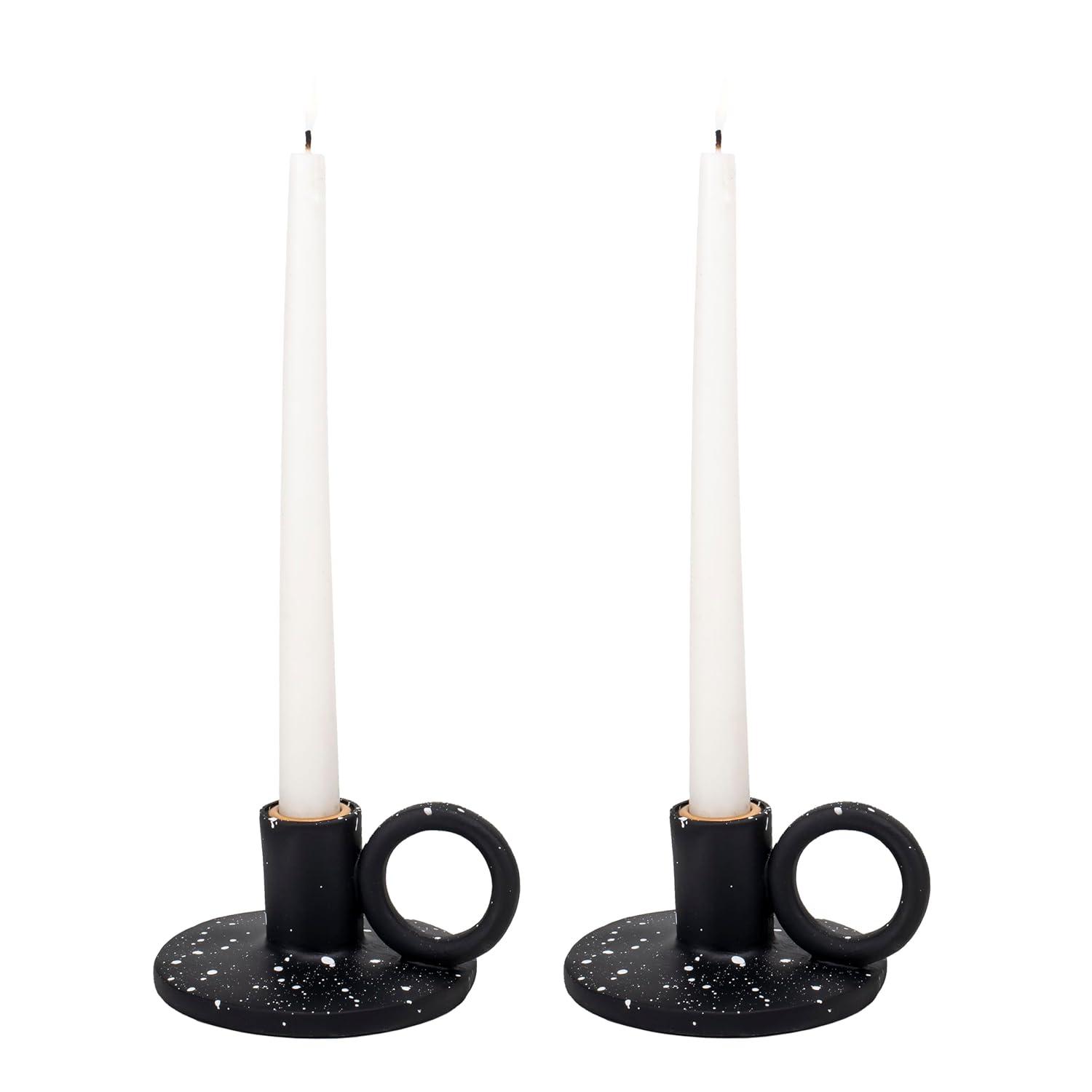 Elanze Designs Ribbed Ceramic , Mantle Decorations, Dining Table Centerpiece, Artisan, Candlestick Holder for Tapered Candles, Pack of 2, Black