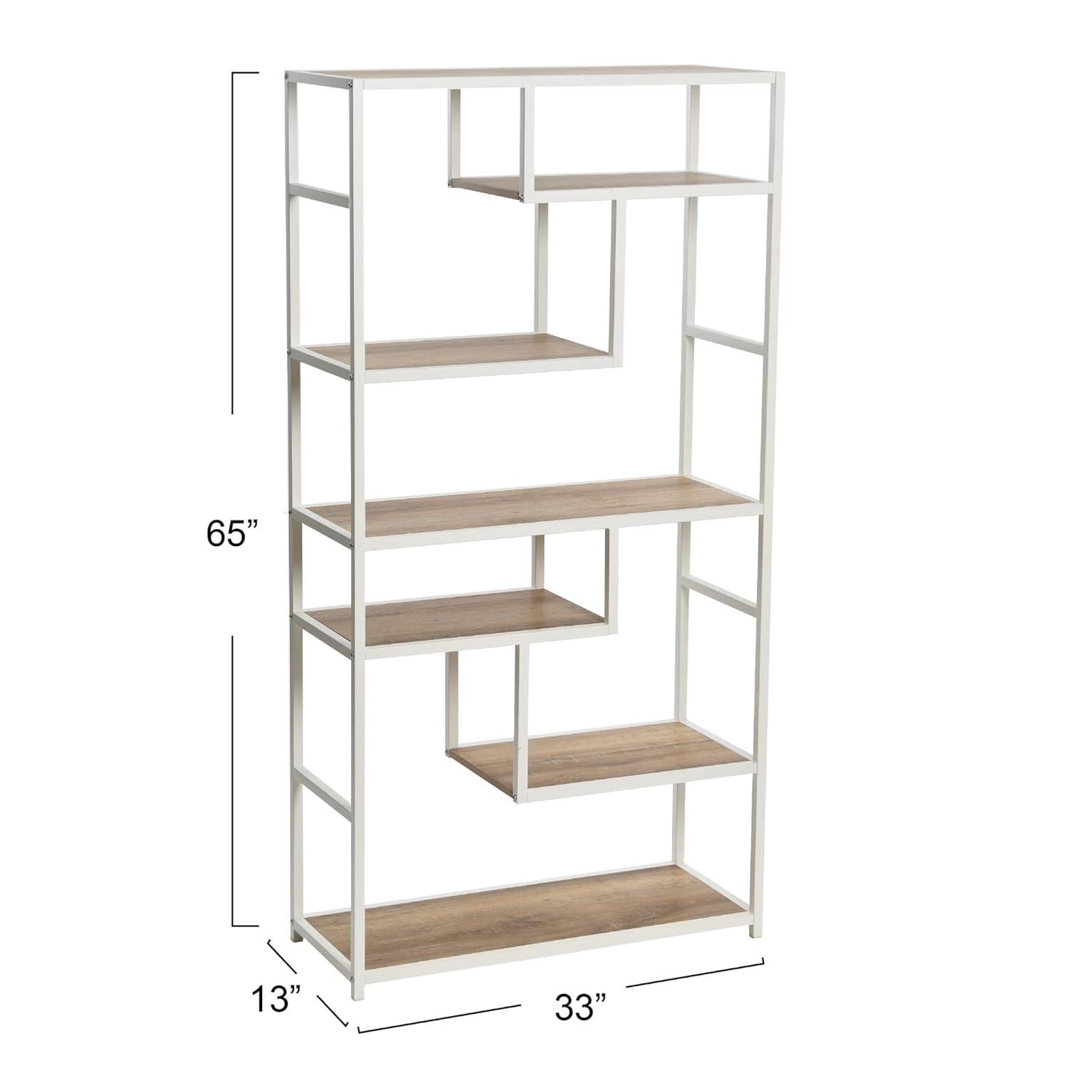 Household Essentials Jamestown Tall 6 Shelf Open Storage Bookshelf Coastal Oak Rustic Wood Grain and White Metal