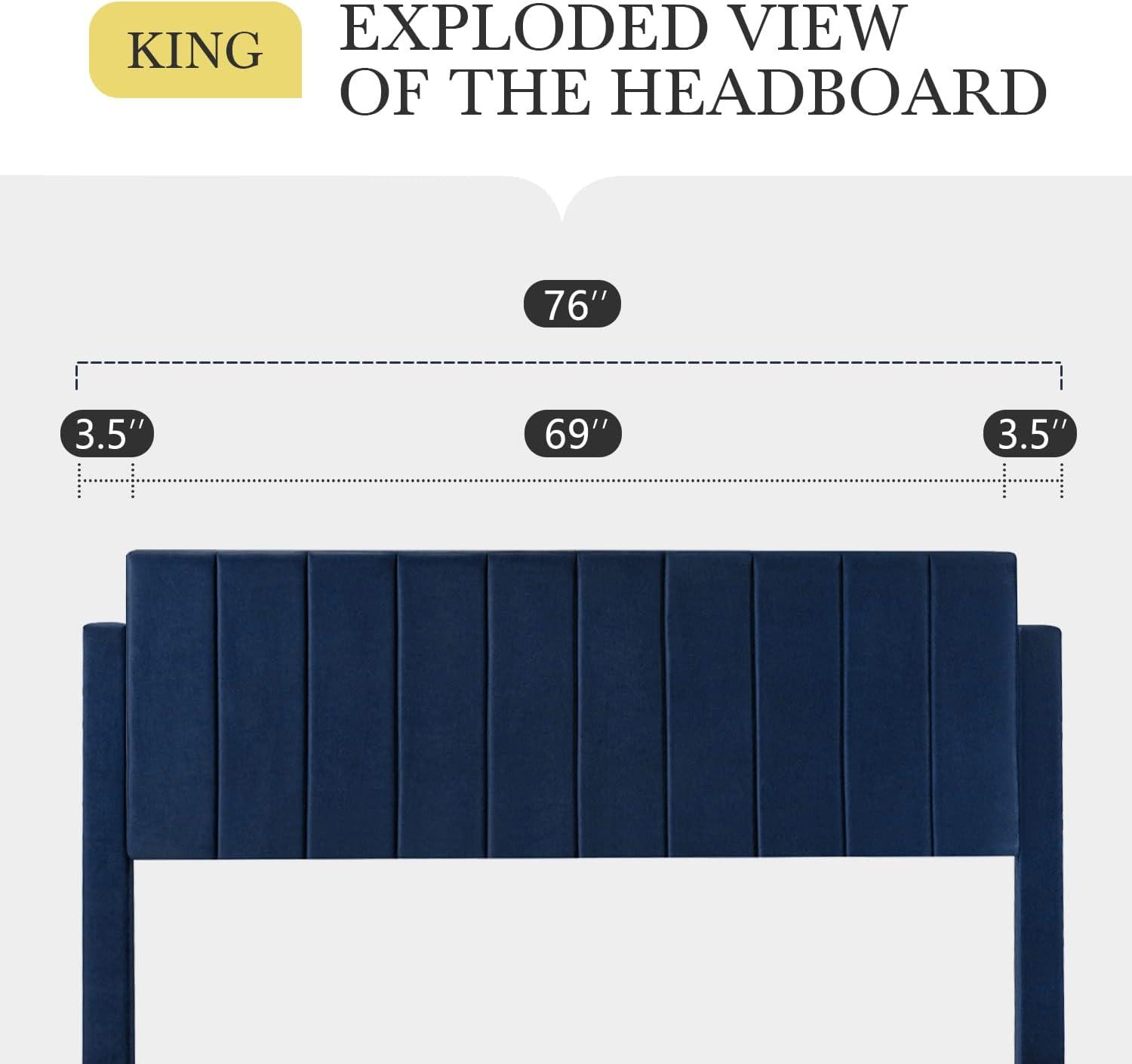 BizChair King Upholstered Platform Bed with Vertical Stitched Wingback Headboard, Slatted Mattress Foundation, No Box Spring Needed, Navy Velvet