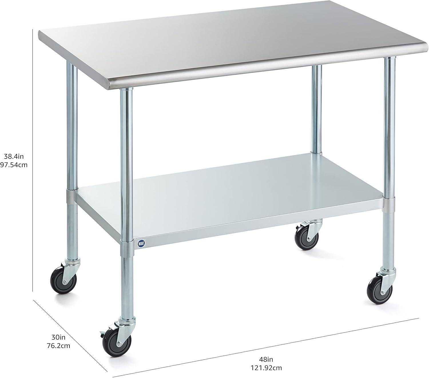 Stainless Steel Prep & Work Table with Caster Wheels, 48 x 30 Inches