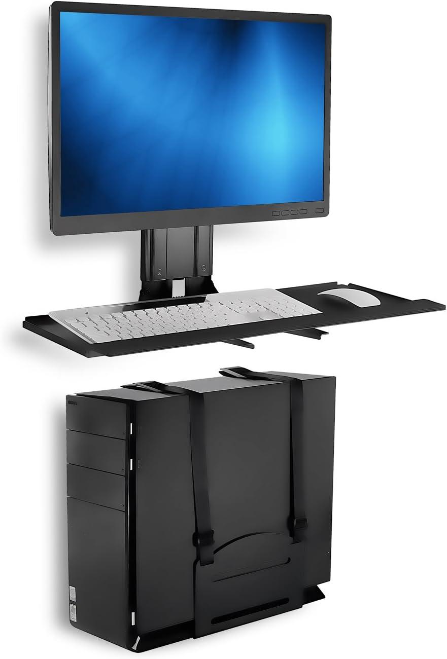 Mount-It! Monitor and Keyboard Wall Mount with CPU Holder, Height Adjustable Standing VESA Keyboard Tray, 25 Inch Wide Platform with Mouse Pad