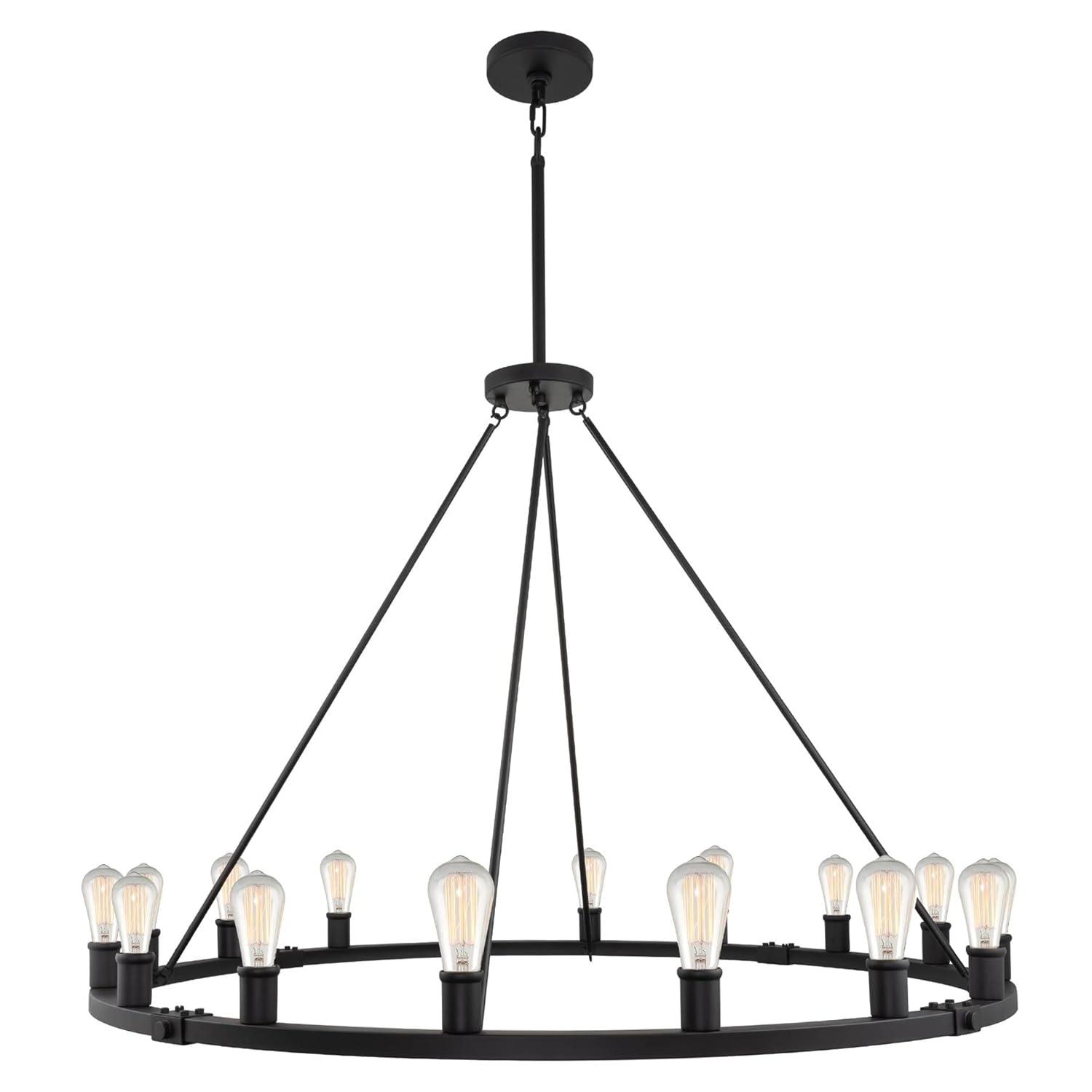 Kira Home Jericho 50" 16-Light Rustic Farmhouse Wagon Wheel Chandelier, Round Kitchen Island Light, Black