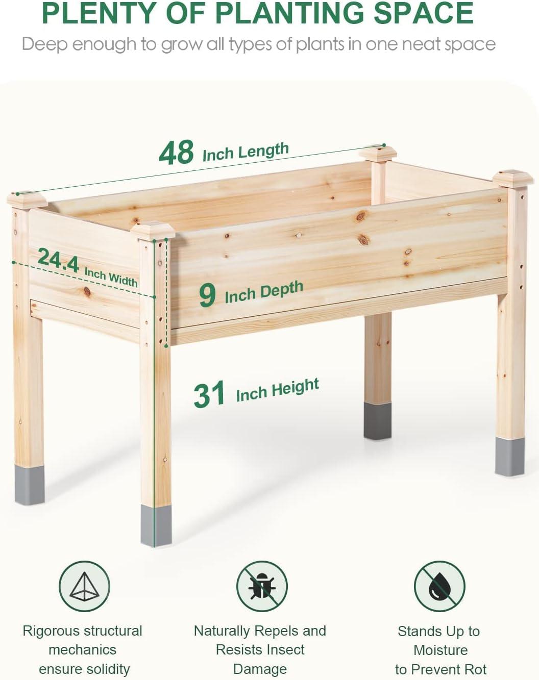 Natural Fir Wood Raised Garden Bed with Legs, 48”L x 24”W