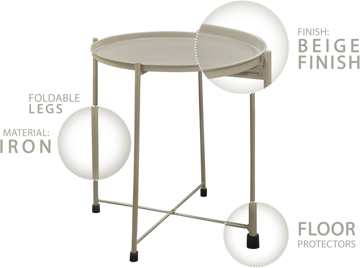 18 in. Modern Round Metal Tray Top Foldable Legs Side End Table, Beige