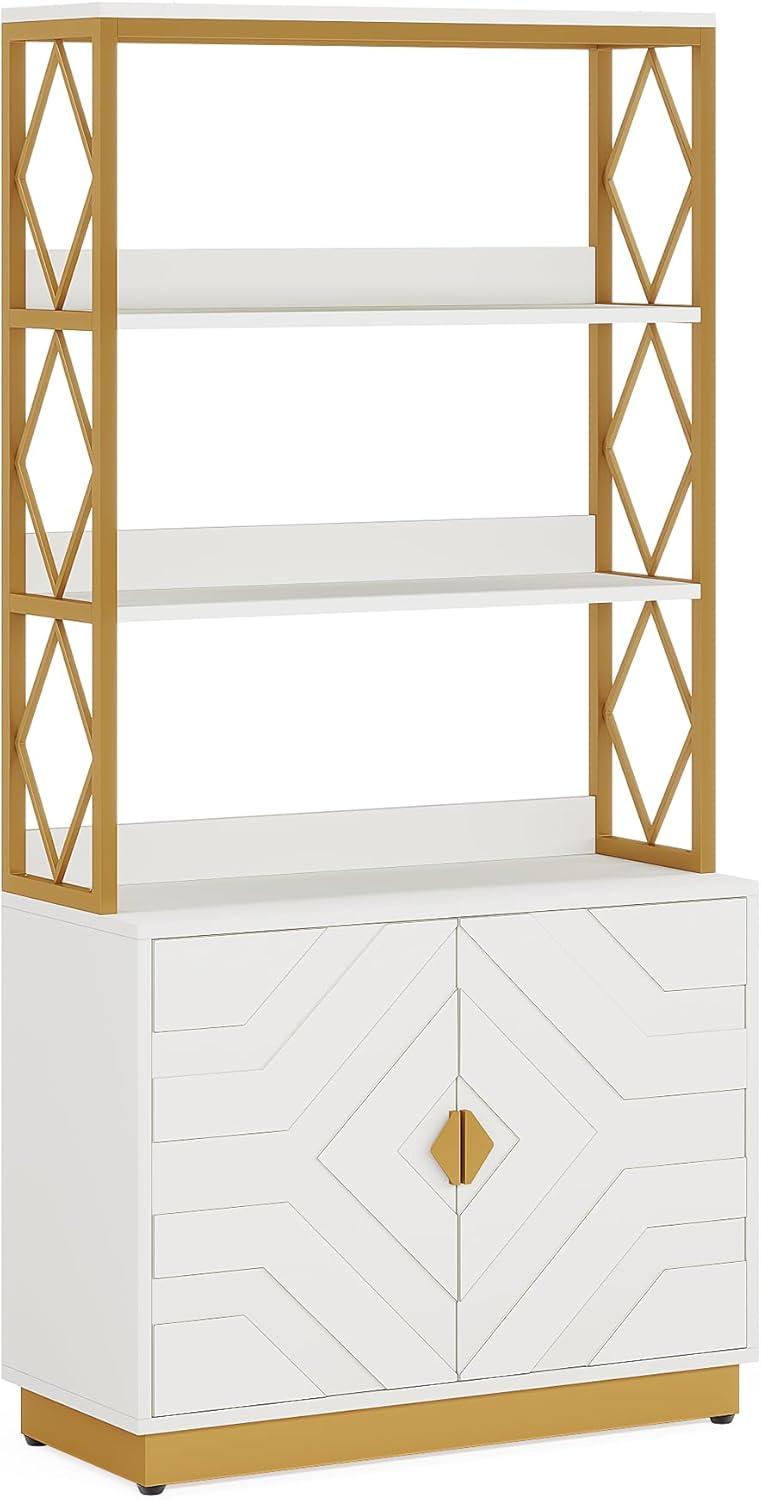 Tribesigns 71" Tall Etagere Bookcase with 3 Shelves 2 Cabinets, White and Gold Bookshelf with Doors, Modern Open Display Bookshelf for Living Room Bedroom Office