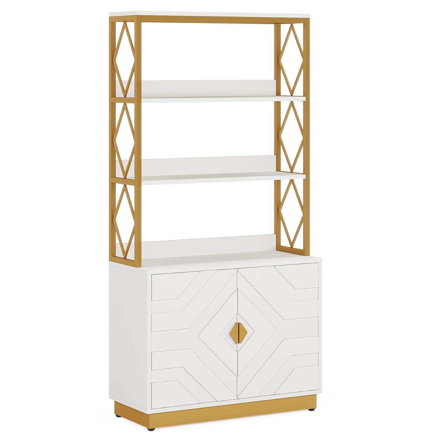 Tribesigns 71" Tall Etagere Bookcase with 3 Shelves 2 Cabinets, White and Gold Bookshelf with Doors, Modern Open Display Bookshelf for Living Room Bedroom Office