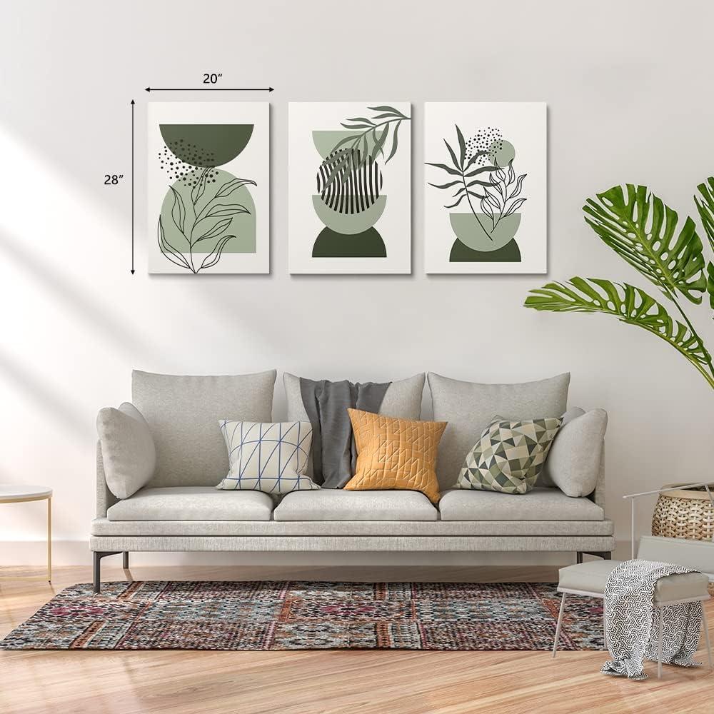 Framed Boho Wall Art, Abstract Sage Green Wall Decor Palm Leaf Sun Moon Line Green Canvas Painting, Minimalist Geometric Boho Room Decor, Sage Green Wall Posters & Prints for Living Room,