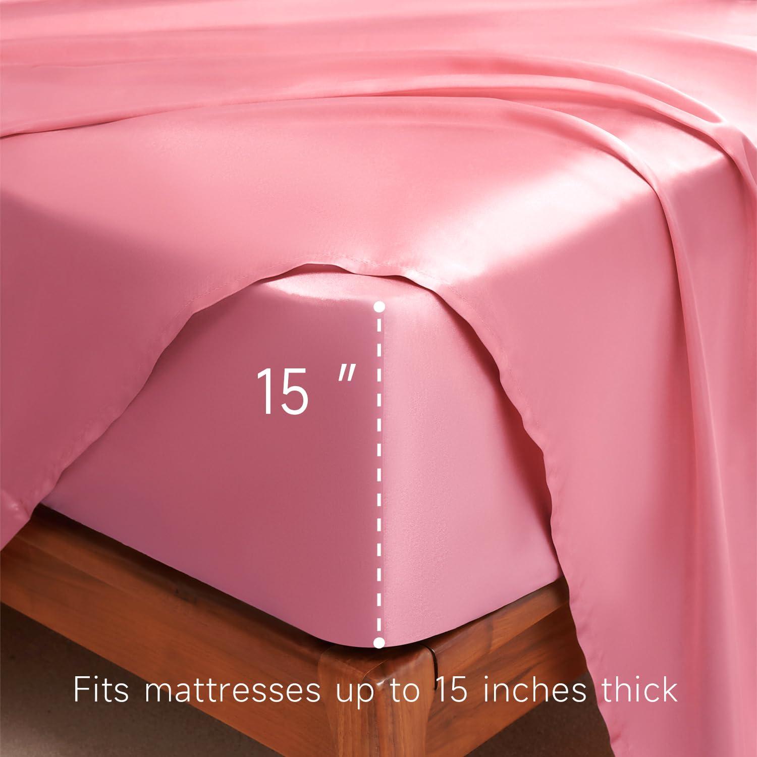 Homiest 4pcs Satin Sheets Set Luxury Silky Satin Bedding Set with Deep Pocket, 1 Fitted Sheet + 1 Flat Sheet + 2 Pillowcases (Queen Size, Blush Pink)