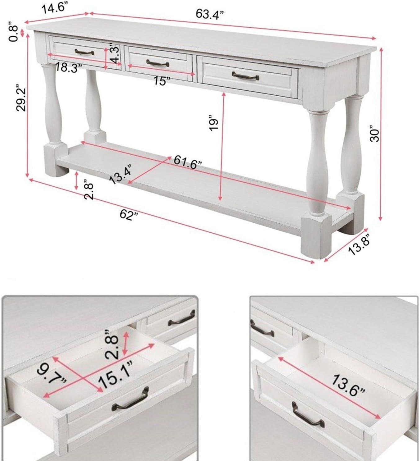 Console Table, 63inch Long Wood Entryway Table with 3 Drawers and 1 Bottom Shelf, Sofa Table for Entryway Hallway, Easy Assembly, Antique White