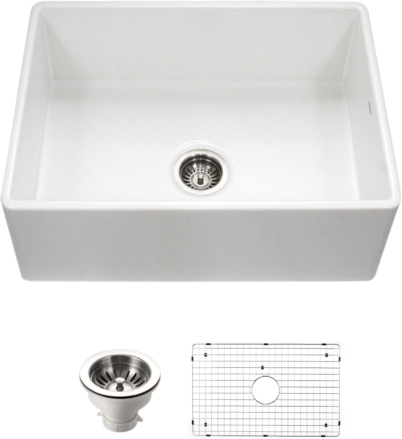 Houzer 30x20 inFireclay Apron Front Single Bowl Kitchen Sink w/ Strainer,Grid-PTS-4100 WH-C