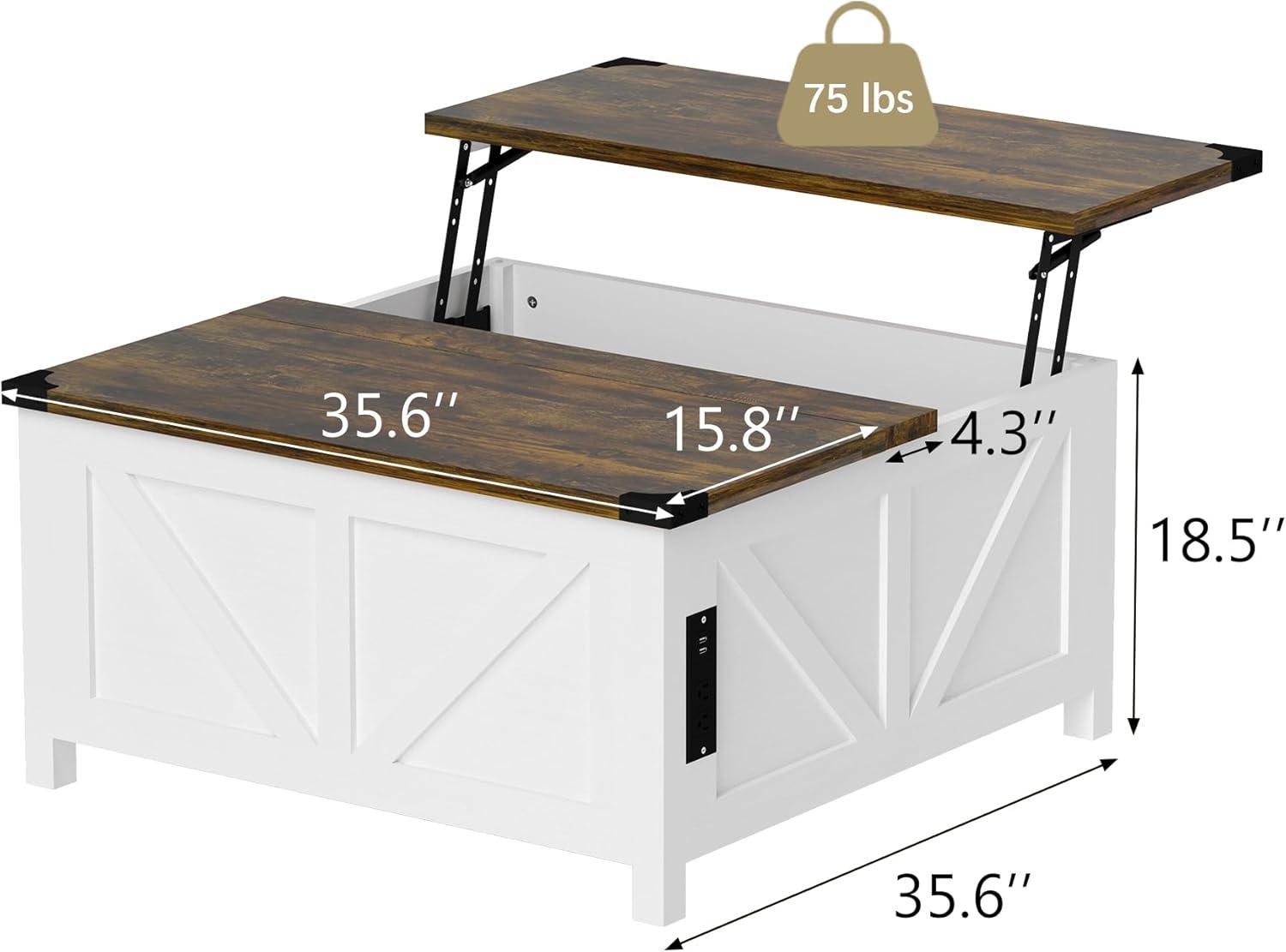 35'' Farmhouse Lift Top Coffee Table, Coffee Table with Storage and Large Hidden Storage, Square Coffee Table with Charging Station&USB Ports