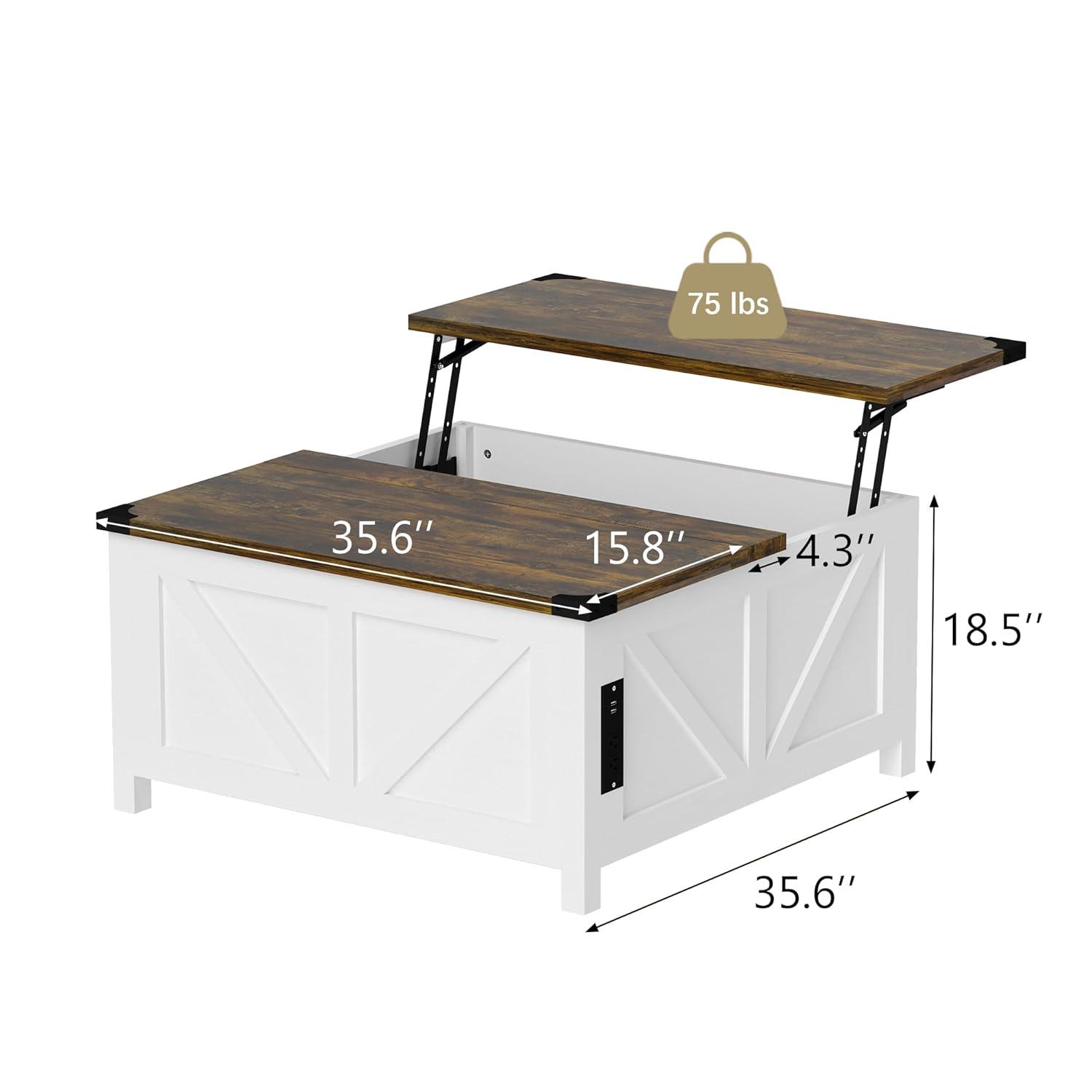 35'' Farmhouse Lift Top Coffee Table, Coffee Table with Storage and Large Hidden Storage, Square Coffee Table with Charging Station&USB Ports