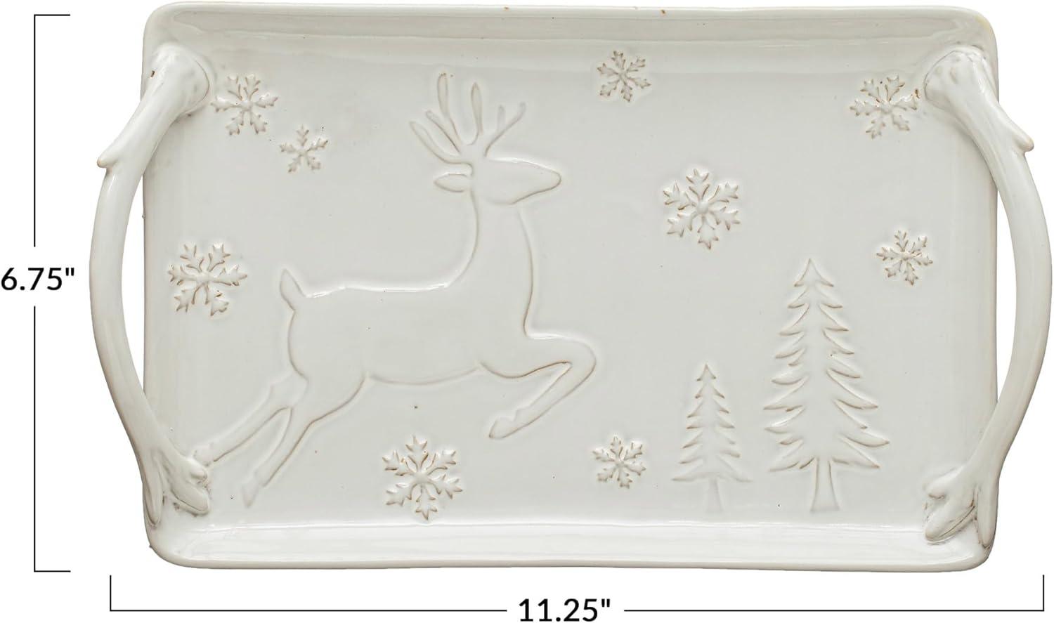 White Stoneware Winter Deer and Snowflakes Tray