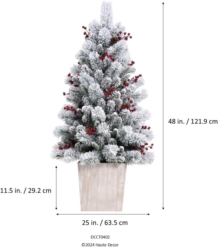 4ft Pre-Lit Flocked Ashcroft Fir Potted Artificial Christmas Tree - Haute Décor: Indoor Decor, Incandescent Lights