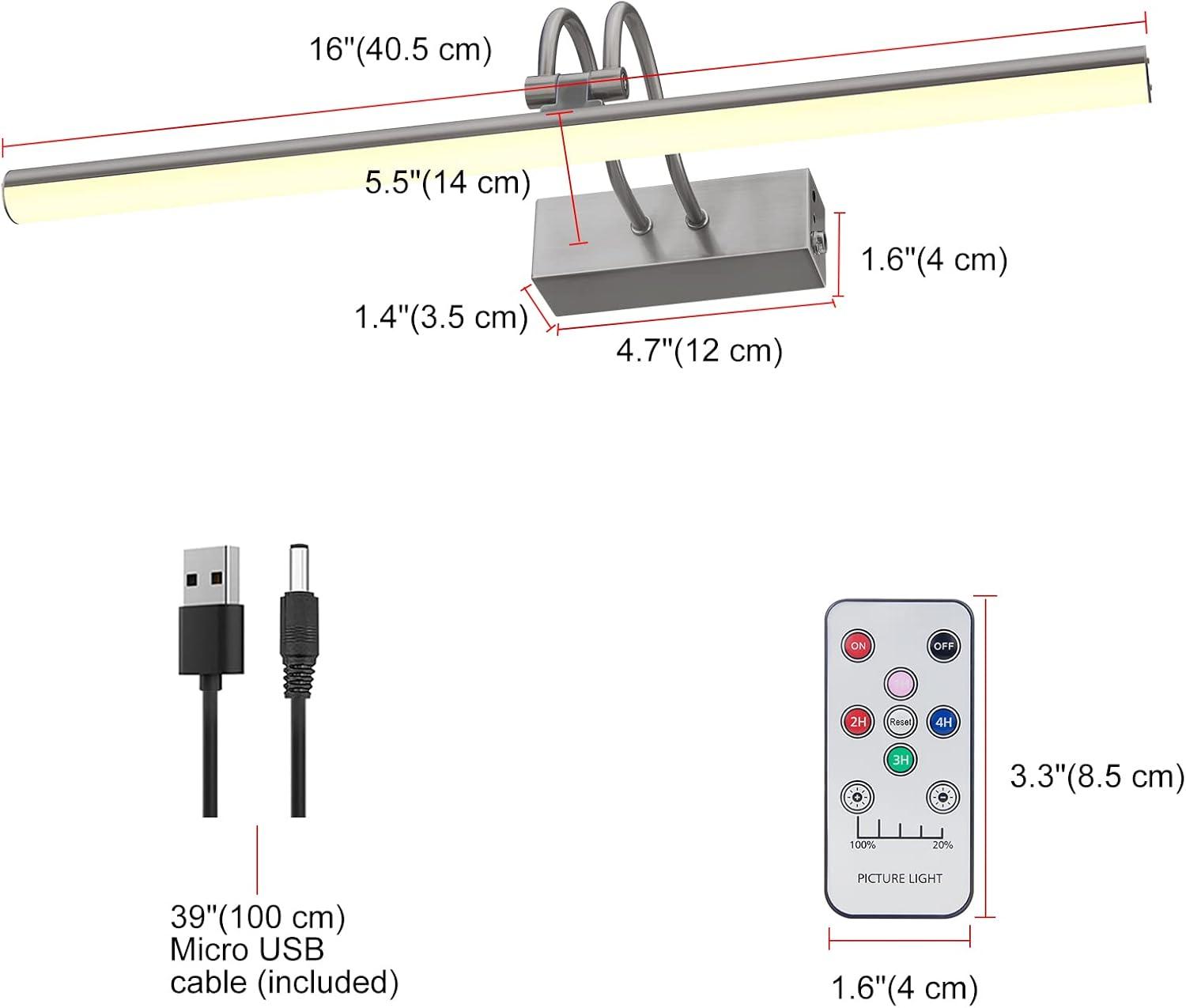 Picture Light,  Battery Operated Picture Lights For Paintings,Metal Remote Control Display Art Light With Timer And Dimmable For Wall Painting,Frame, Portrait, Dartboard-Brass