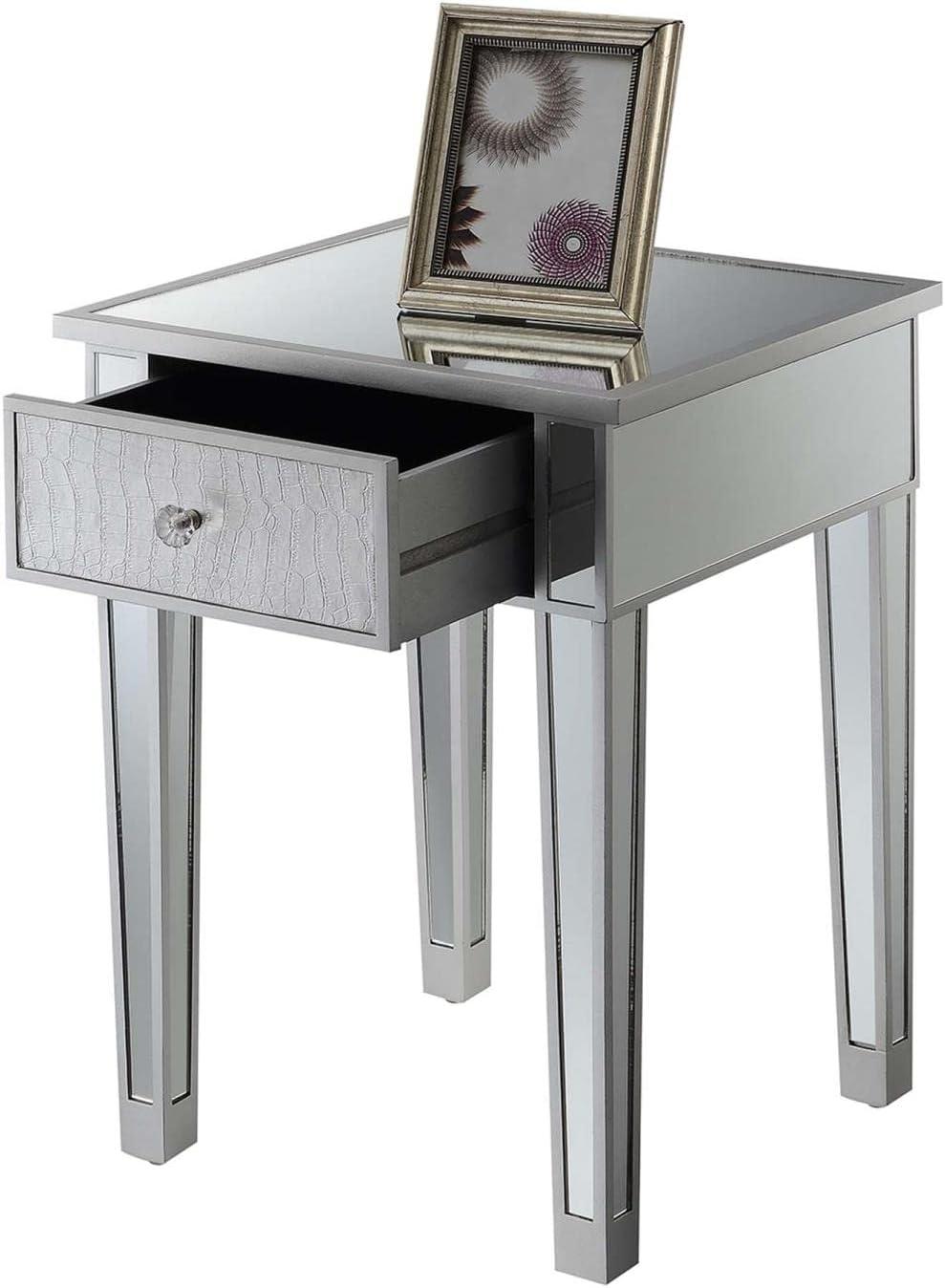 Gold Coast End Table with Drawer in Mirrored Glass and Gray Wood Trim