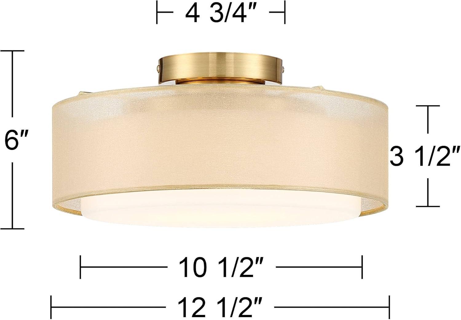 Possini Euro Design Ceiling Light Semi Flush Mount Fixture 12 1/2" Wide Plated Gold 2-Light Sheer Fabric Outer Opal White Glass Drum Shade for Bedroom