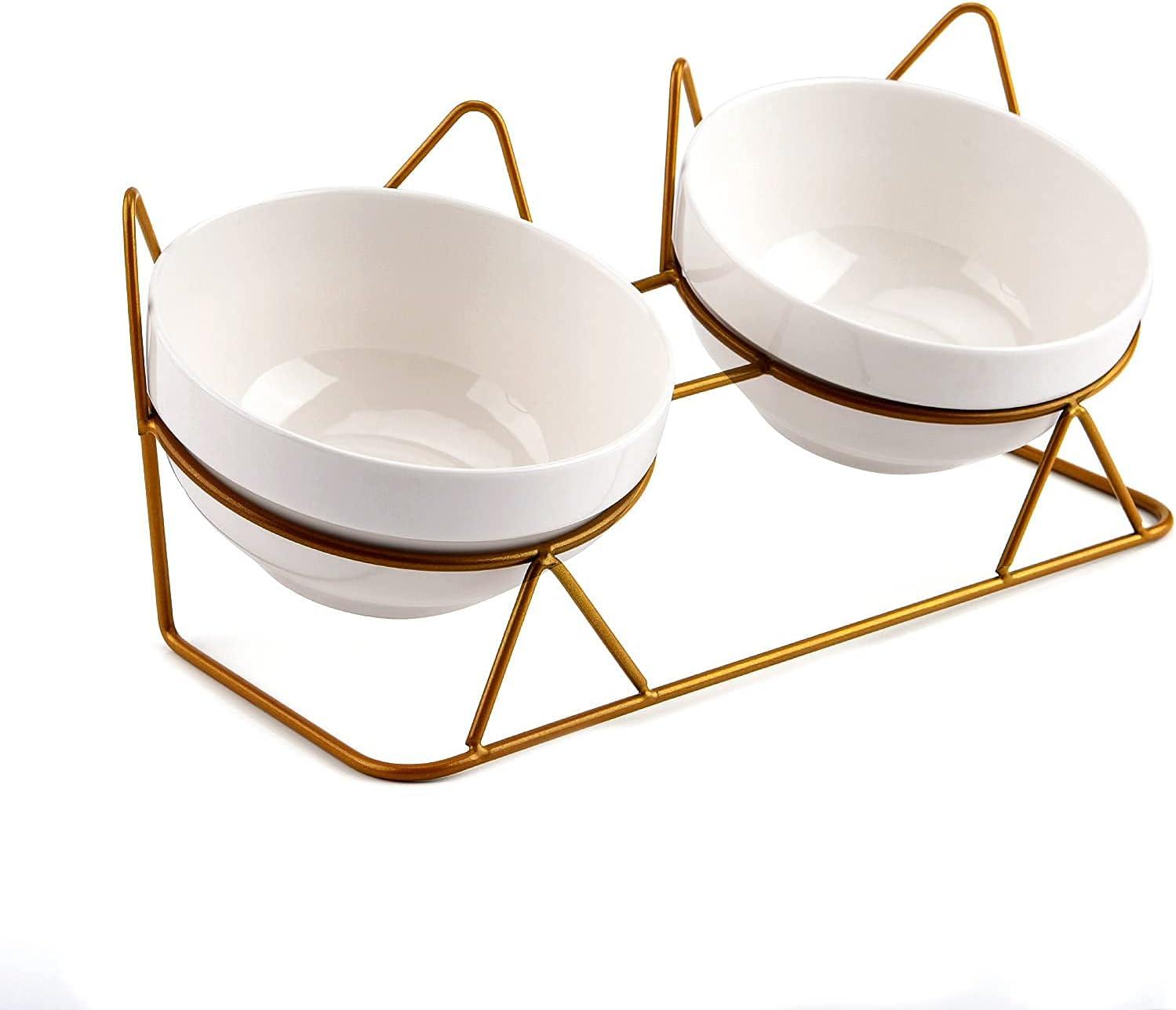 Double White Ceramic Pet Bowls with Gold Tilted Stand