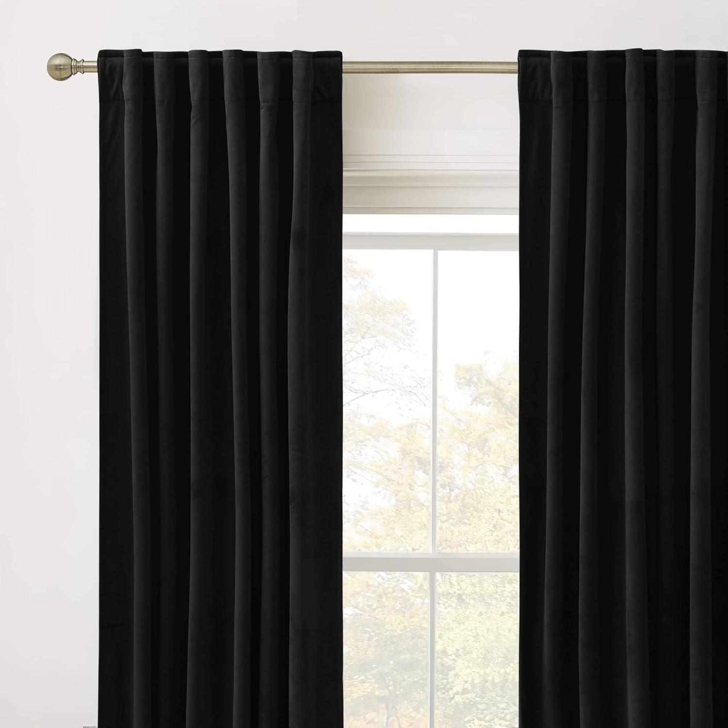 JIUZHEN Black Velvet Curtains for Living Room -96 inches Long Rod Pocket Thermal Insulated Room Darkening Window Drapes for Bedroom, Set of 2 Panels with Tiebacks, 52 x 96 inches