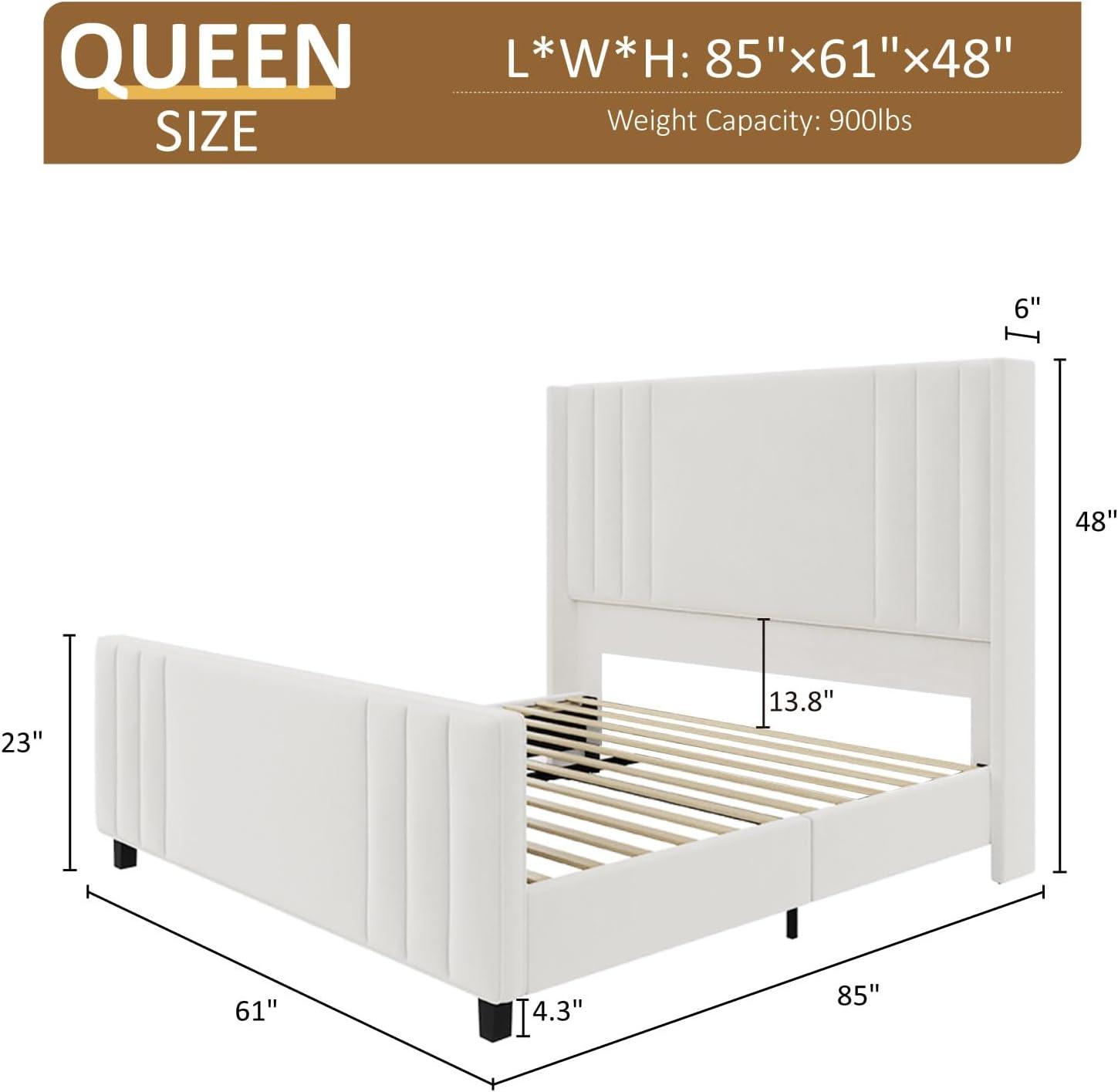 Cream Velvet Queen Platform Bed with Tufted Headboard