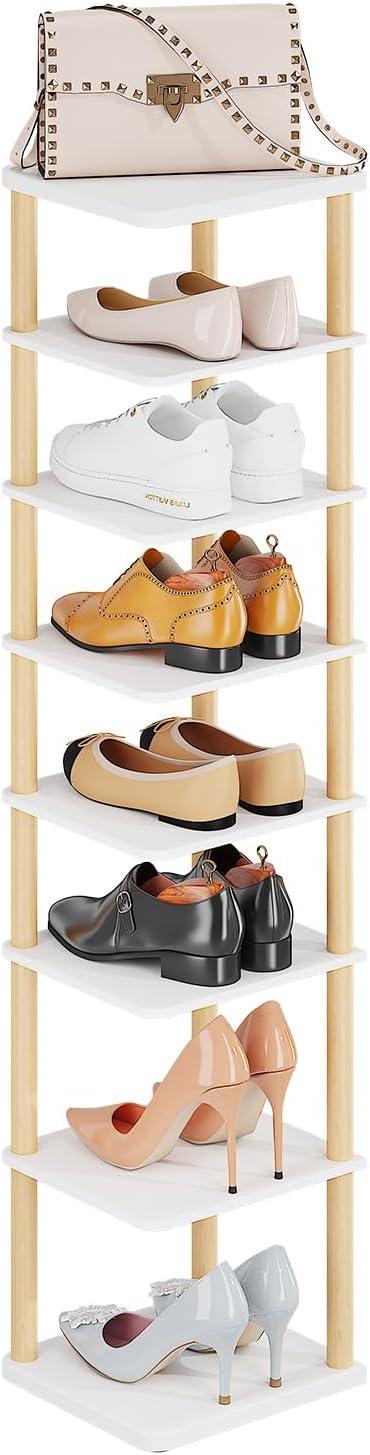 LUCKNOCK Vertical Shoe Rack, 8-Tier Tall Narrow Shoe Organizer for Entryway, Closet, Dorm & Small Spaces, Freestanding White Wooden Shoe Shelf Tower for Boots, Sneakers, Heels.