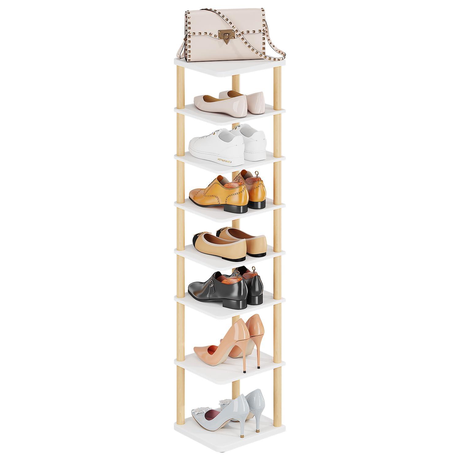 LUCKNOCK Vertical Shoe Rack, 8-Tier Tall Narrow Shoe Organizer for Entryway, Closet, Dorm & Small Spaces, Freestanding White Wooden Shoe Shelf Tower for Boots, Sneakers, Heels.