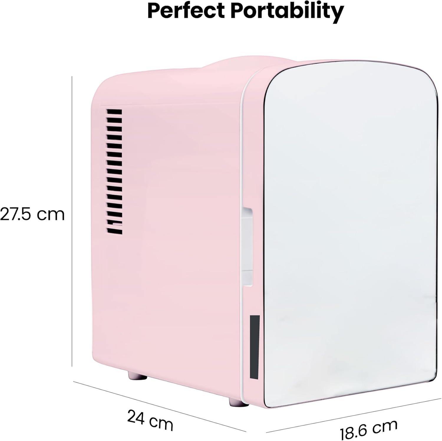 Chefman Portable Mirrored 4L Mini Fridge w/ Heating and Cooling - Pink, New