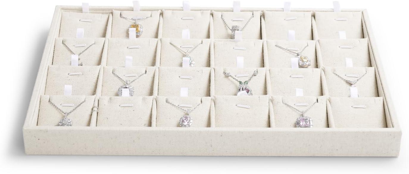Elegant Beige Linen 24-Compartment Jewelry Tray Organizer