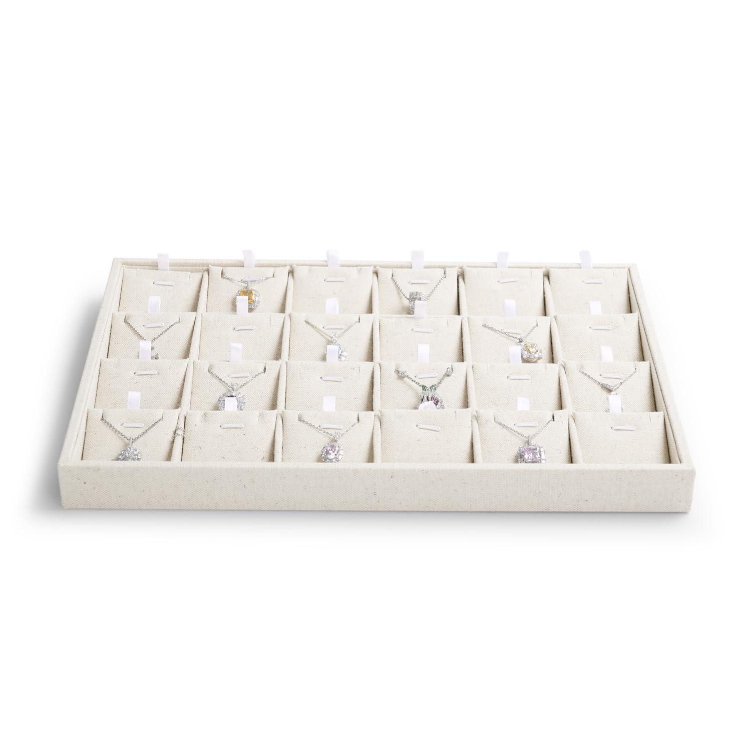 Elegant Beige Linen 24-Compartment Jewelry Tray Organizer