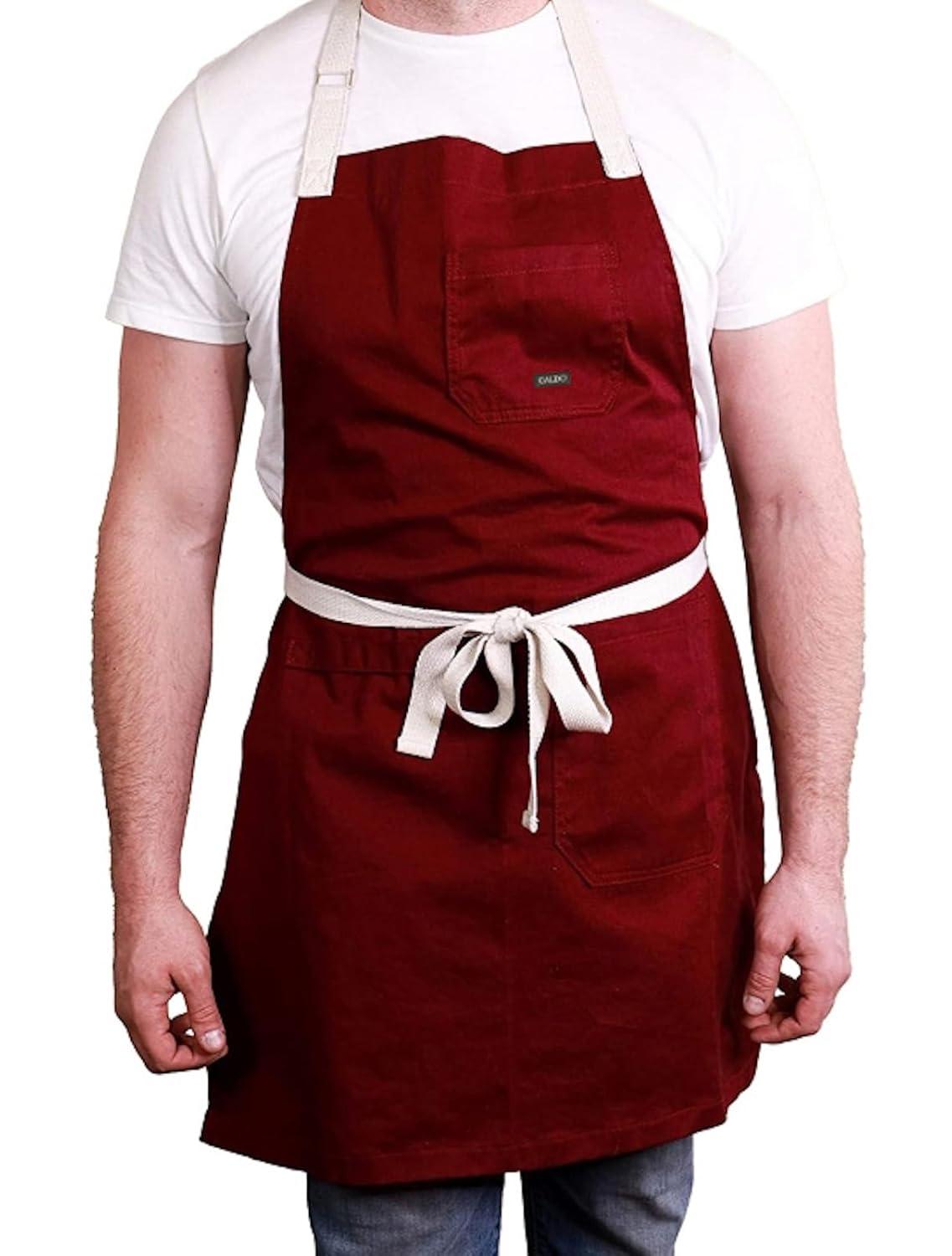 Caldo Daily Cotton Kitchen Apron for Cooking- Mens and Womens Chef Apron (Burgundy)