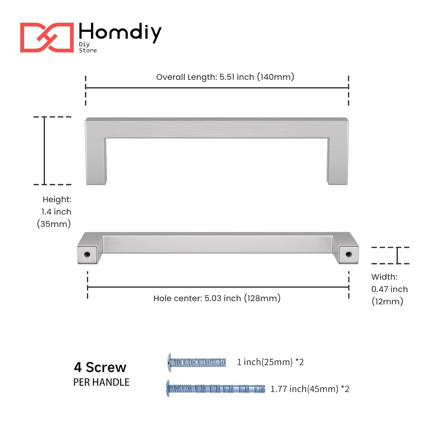 homdiy 5 Pack 5 Inch Brushed Nickel Cabinet Pulls Cabinet Handles Square Door Handles Modern Dresser Drawer Stainless Steel Hardware