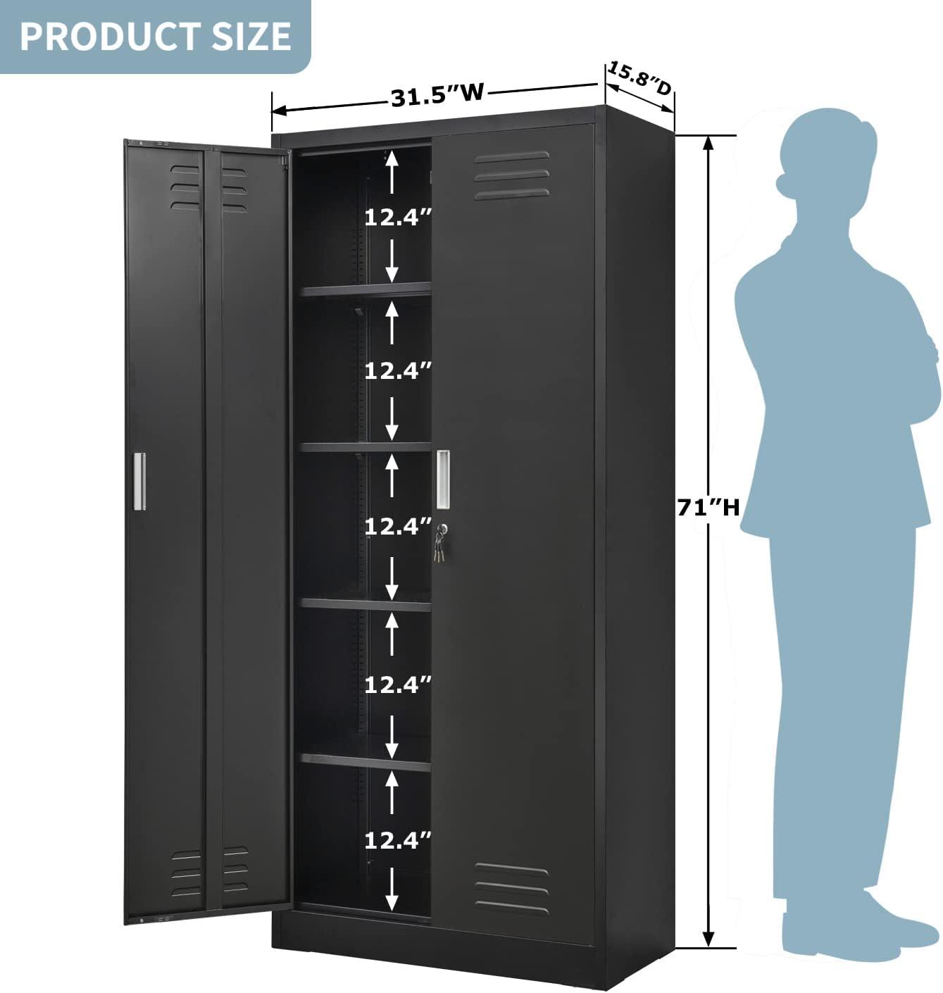 Metal Storage Cabinet, Steel Lockable Garage Cabinet, with 2 Doors and 4 Adjustable Shelves. 71" Locking Storage Cabinet for Home, Office, Garage, Gym, School