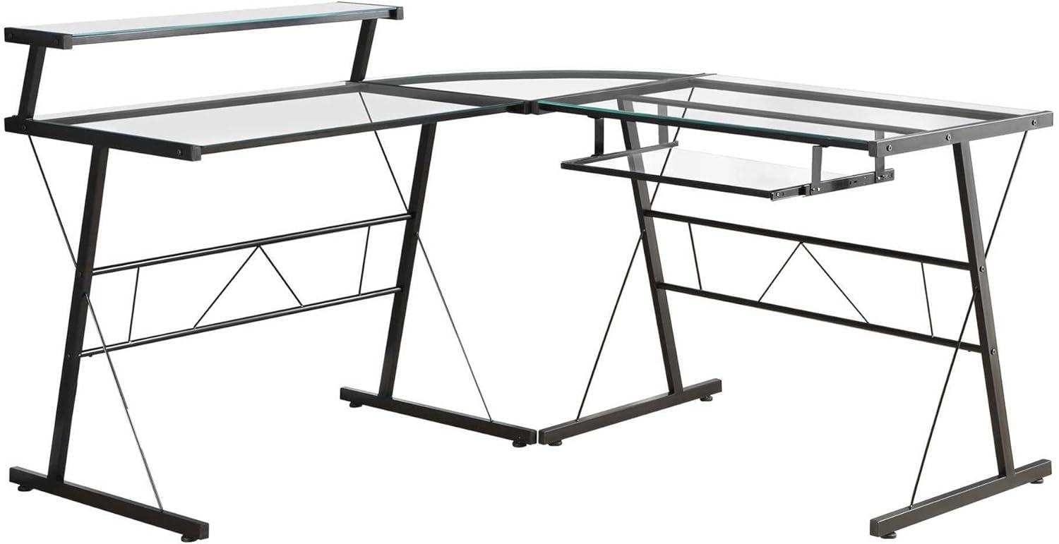 Monarch Specialties Computer Desk Home Office Corner L Shape Work Laptop Metal Tempered Glass Black Clear Contemporary Modern