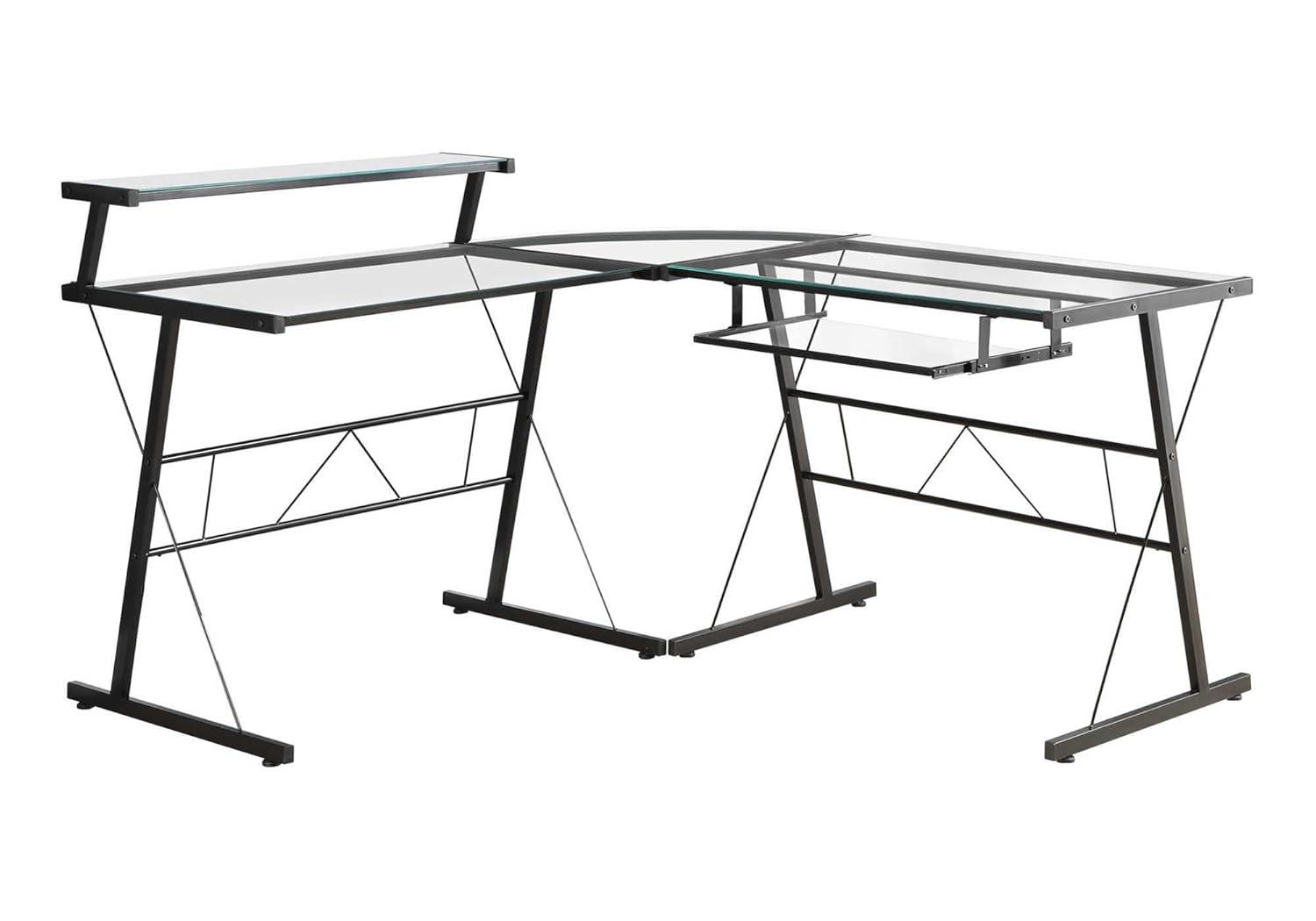 Monarch Specialties Computer Desk Home Office Corner L Shape Work Laptop Metal Tempered Glass Black Clear Contemporary Modern