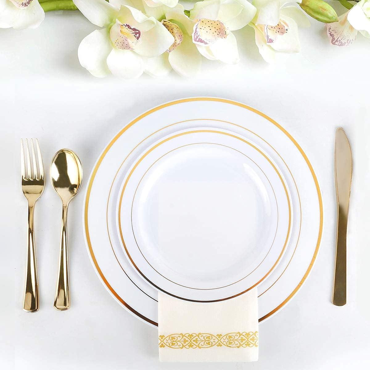 Akmi 350 Piece Gold Plastic Dinnerware Set with Linen Napkins