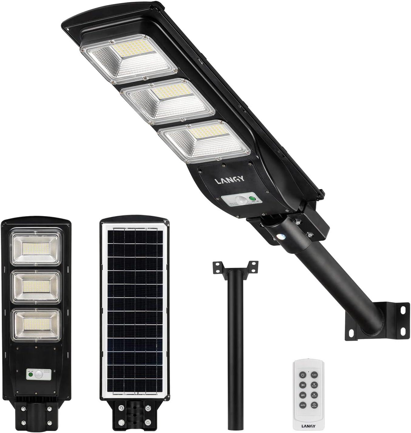 LANGY Solar Street Light Upgraded 9000 Lumens, 180 PCS LED Solar Powered Street Lamp Outdoor, 15000 mAh Battery, PIR Motion Sensor, 6000K, Dusk to Dawn Security Led Post Street Light