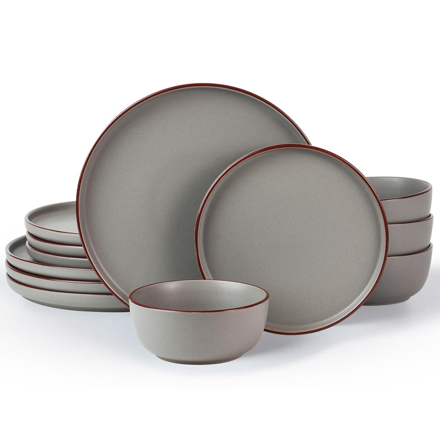 Famiware Mercury Plates and Bowls Sets, 12 Pieces Stoneware Dinnerware Sets, Dishes Set for 4, Microwave and Dishwasher Safe, Dark Grey