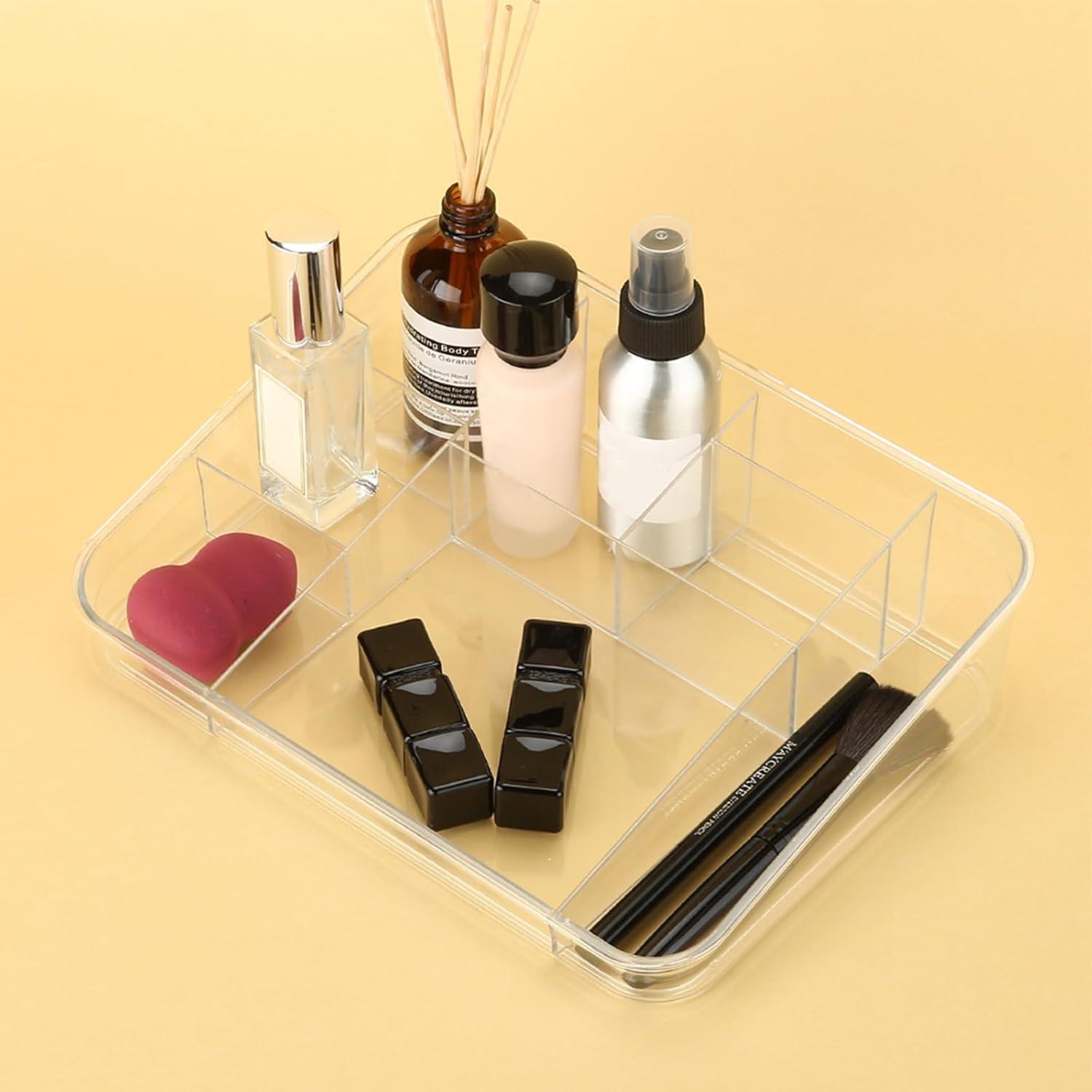 SUNFICON Makeup Organizer Tray Brush Holder Cosmetic Display Case Storage Box for Vanity Countertop Bathroom Drawers, 8 Compartments, Crystal Clear Acrylic