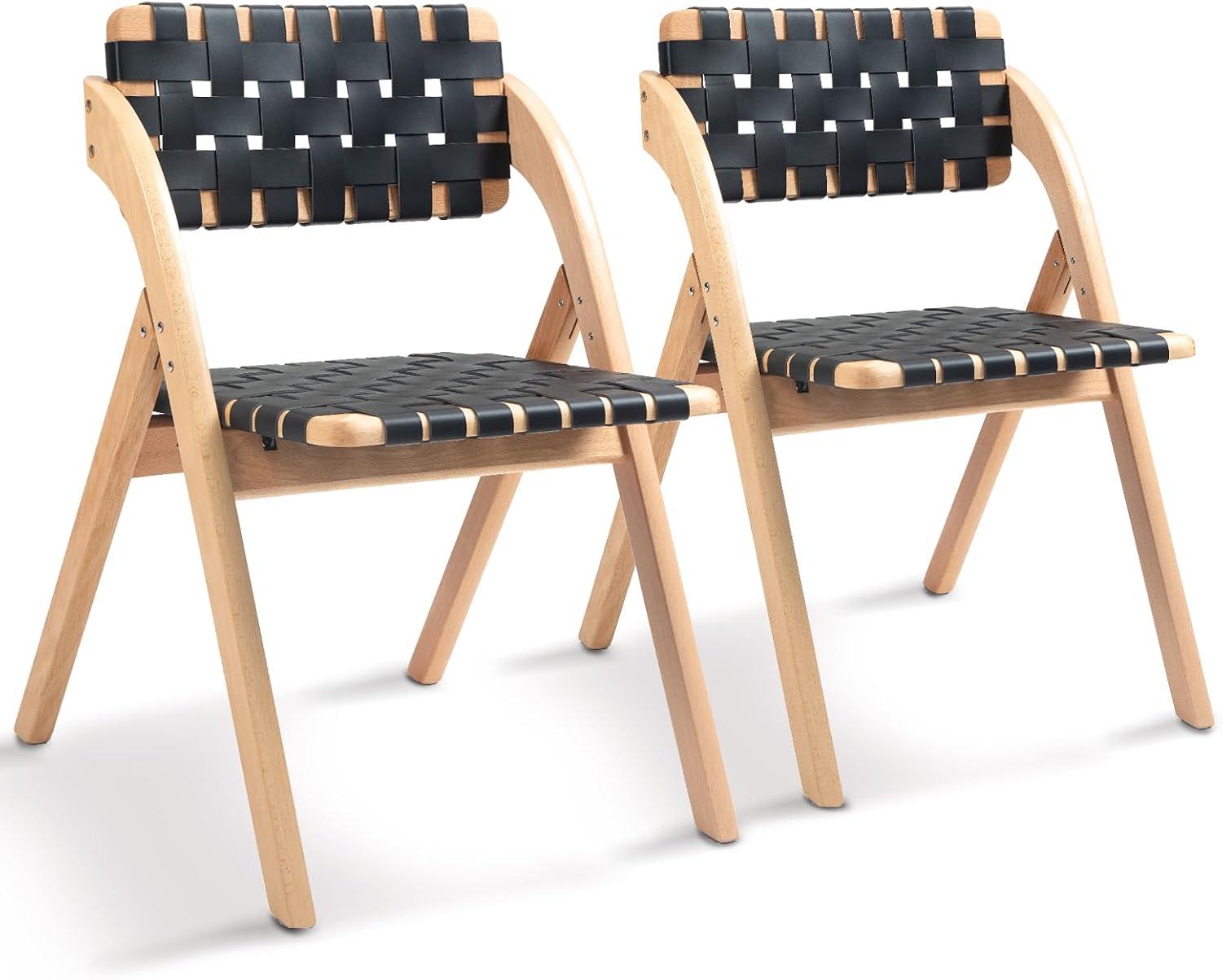 Folding Chairs Set of 2, Wooden Foldable Dining Chairs, Stackable Folding Extra Chair with Breathable Leather-Woven Design for Indoor & Outdoor, Brown