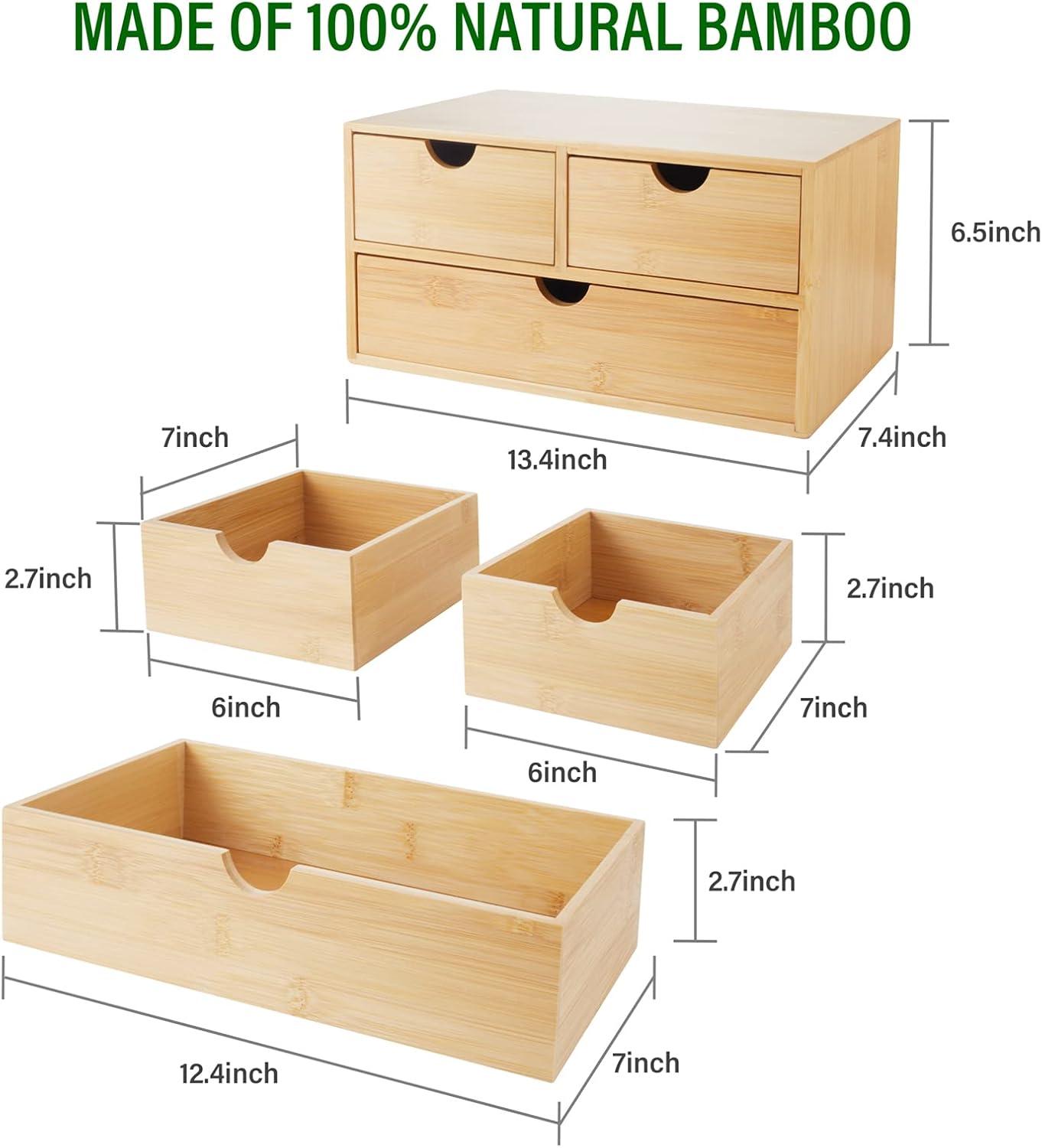 Bamboo Desk Organizer with 3 Drawers, Countertop Organizer with Drawers Makeup Storage Drawer 3 Drawers Tabletop Storage Organization Box Home Office Workspace