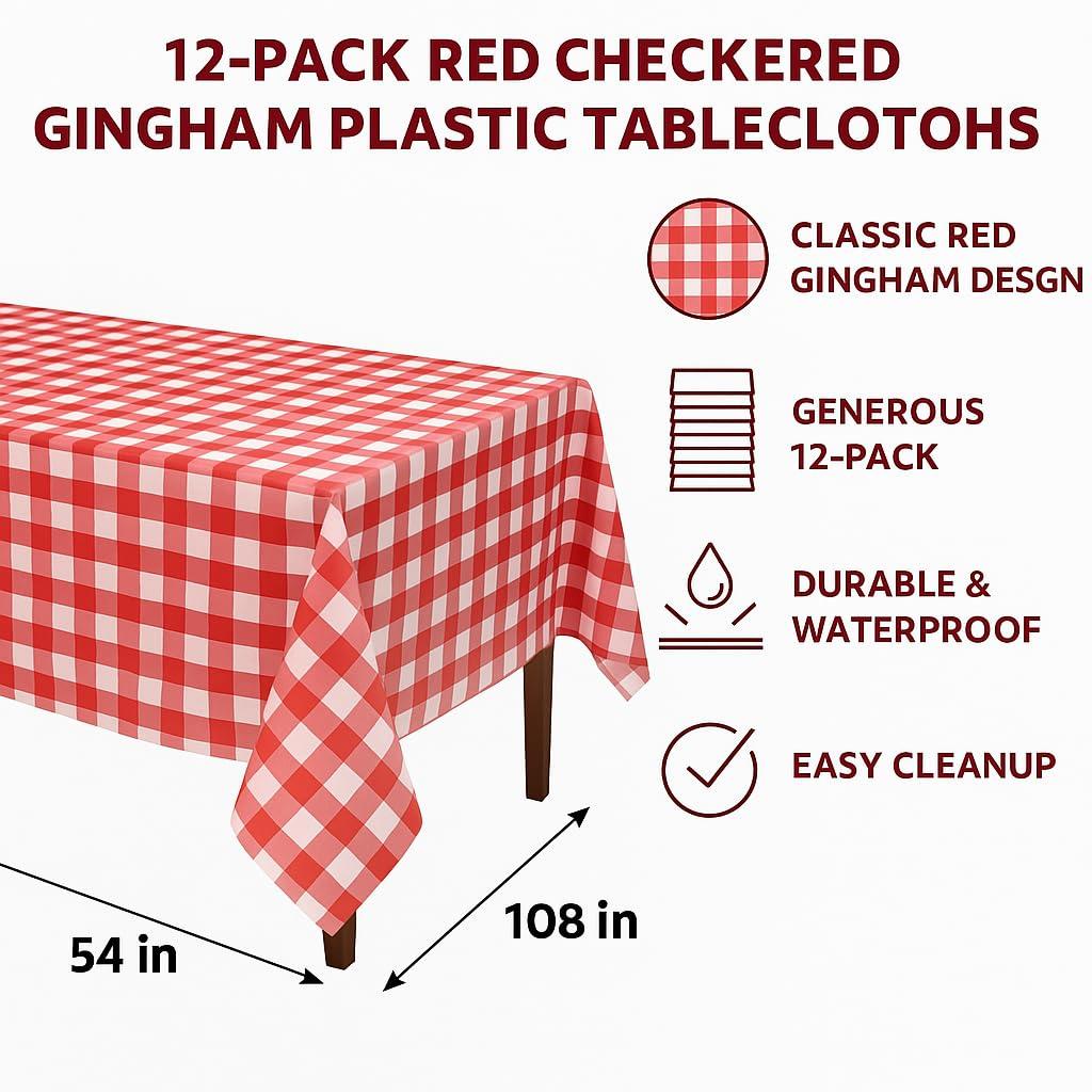 Picnic Table Cover - 12 Pack Premium Rectangle Plastic Tablecloth - Red & White Checkered BBQ Plastic Table Cover - Gingham Checkerboard Disposable Plastic Tablecloth 54" x 108" Rectangle